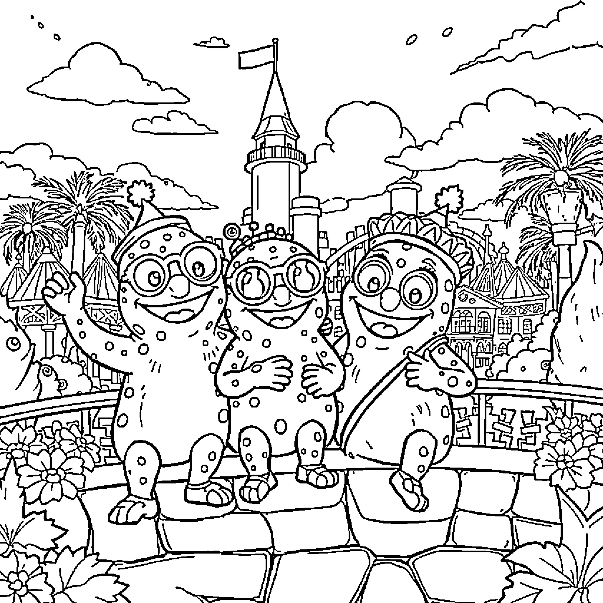 Smurfs enjoying a fun day at the amusement park Coloring Page (free black-and-white line drawing printable PDF for all, from beginners to advanced learners, including children, teens, adults, and seniors)