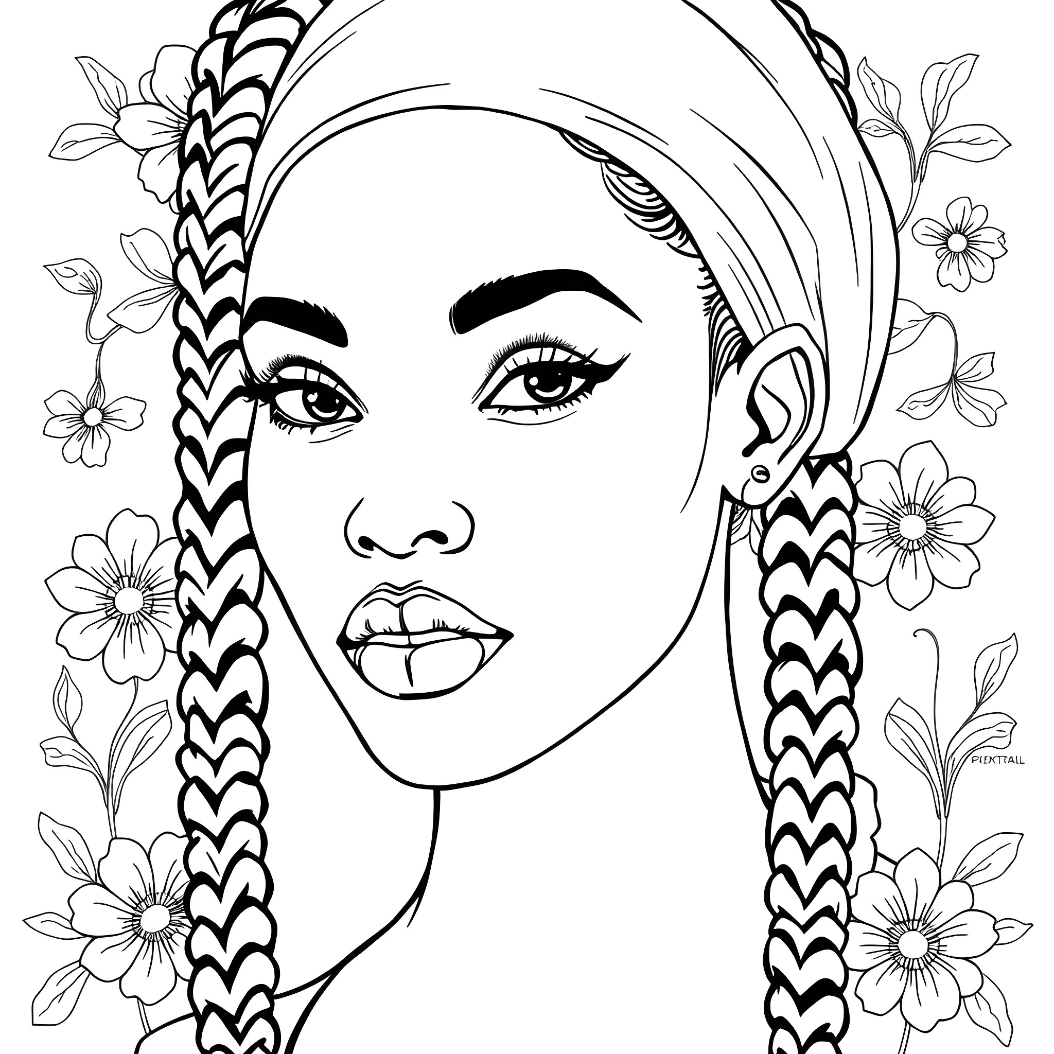 Woman with braided hairstyle and floral accents Coloring Page (free black-and-white line drawing printable PDF for all, from beginners to advanced learners, including children, teens, adults, and seniors)