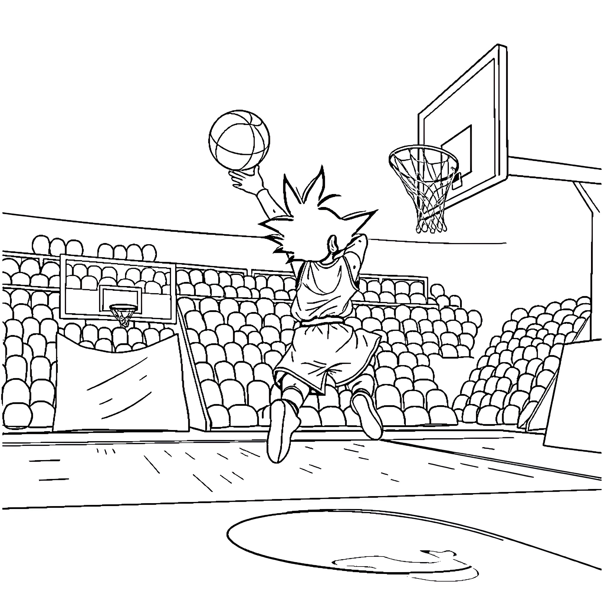 Gohan dunking with determination on the basketball court Coloring Page (free black-and-white line drawing printable PDF for all, from beginners to advanced learners, including children, teens, adults, and seniors)