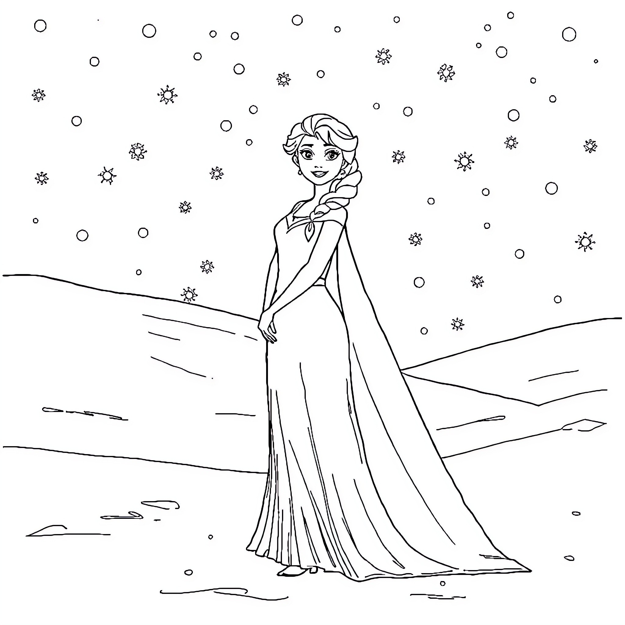 Elsa in a Winter Wonderland Coloring Page (free black-and-white line drawing printable PDF for all, from beginners to advanced learners, including children, teens, adults, and seniors)