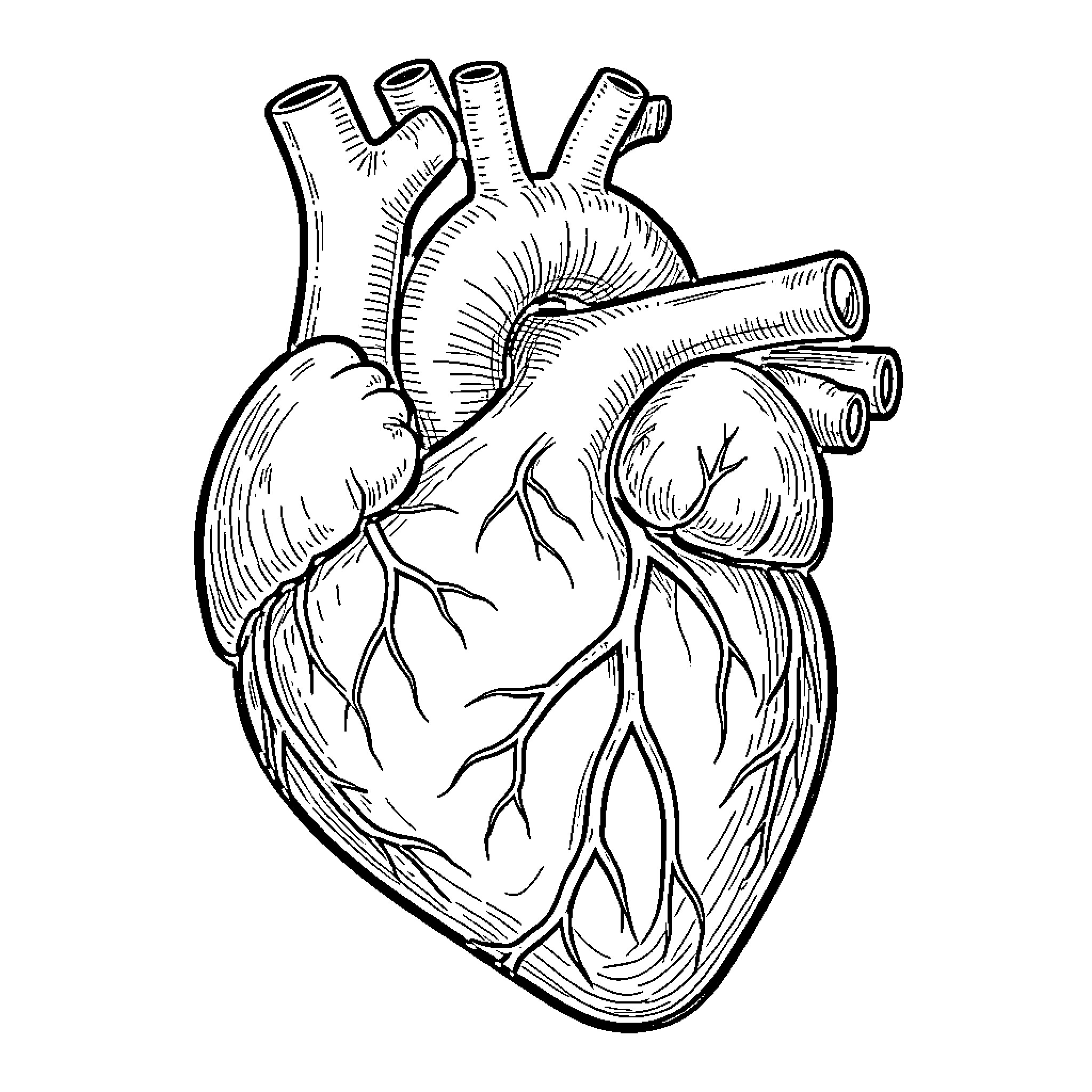 Heart Anatomical Illustration Coloring Page (free black-and-white line drawing printable PDF for all, from beginners to advanced learners, including children, teens, adults, and seniors)