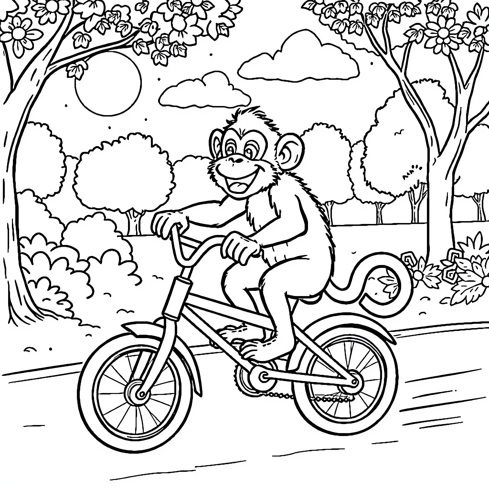 Monkey riding a bicycle in a park Coloring Page (free black-and-white line drawing printable PDF for all, from beginners to advanced learners, including children, teens, adults, and seniors)