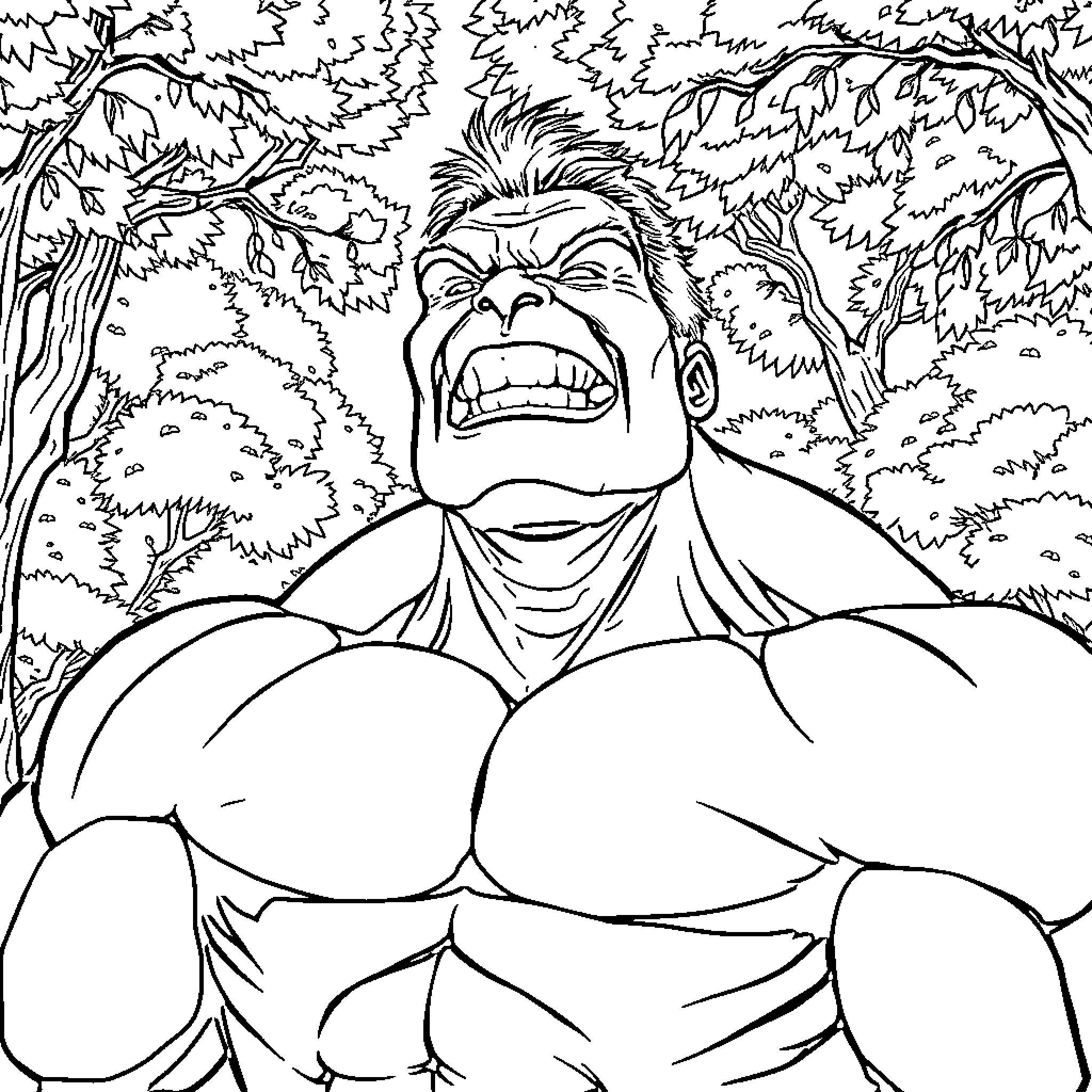 Hulk Smashing Through the Foliage Coloring Page (free black-and-white line drawing printable PDF for all, from beginners to advanced learners, including children, teens, adults, and seniors)