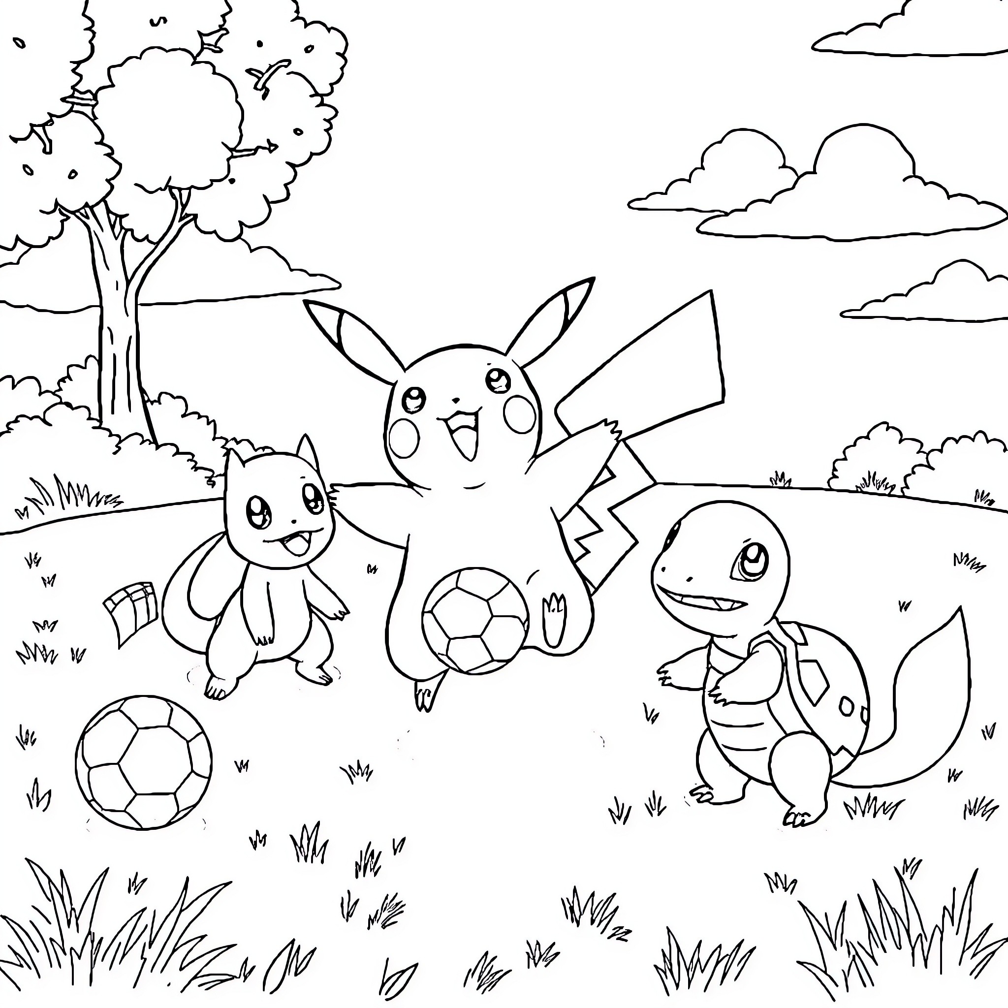 Pikachu and Friends Playing in Nature Coloring Page (free black-and-white line drawing printable PDF for all, from beginners to advanced learners, including children, teens, adults, and seniors)