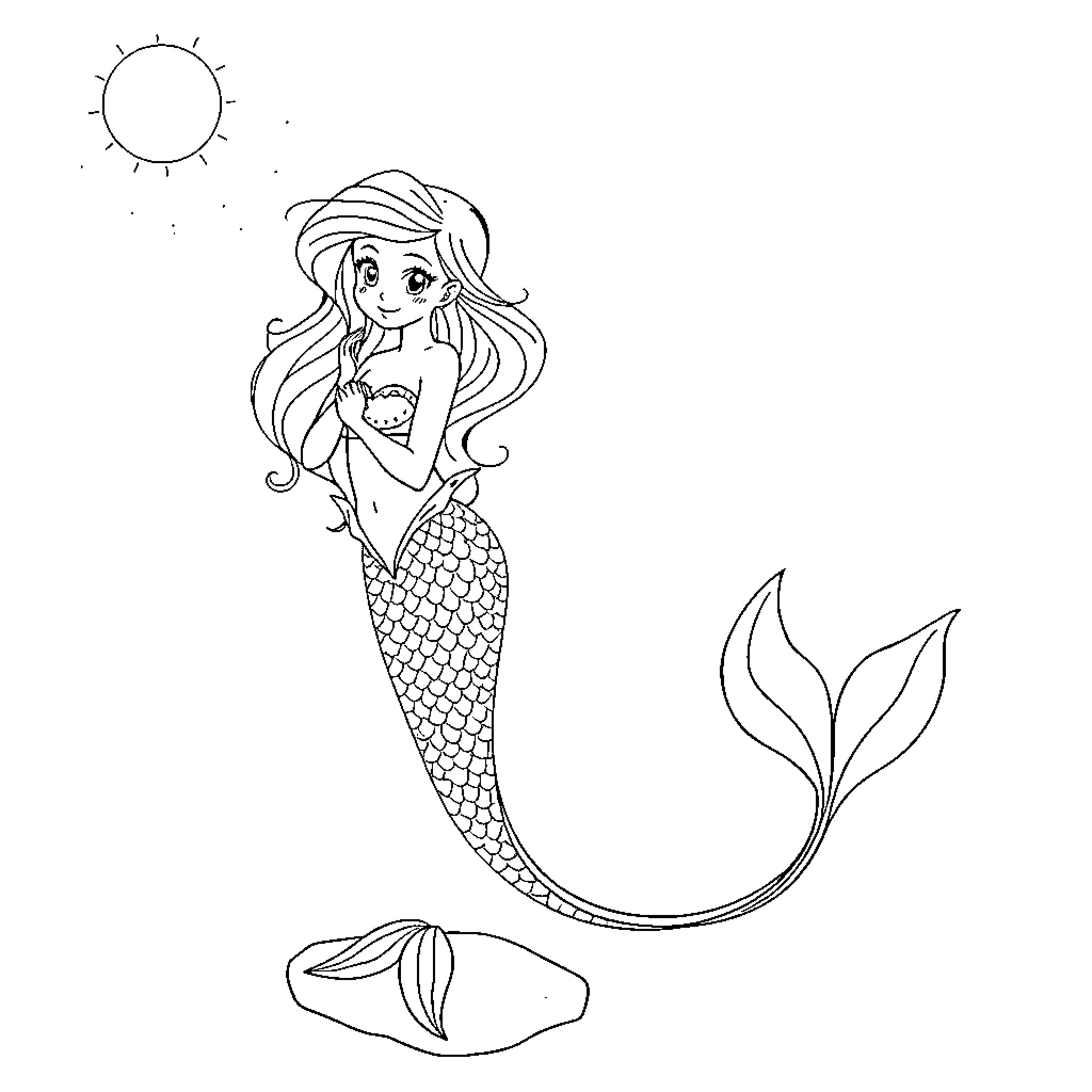 Mermaid swimming gracefully in the ocean Coloring Page (free black-and-white line drawing printable PDF for all, from beginners to advanced learners, including children, teens, adults, and seniors)