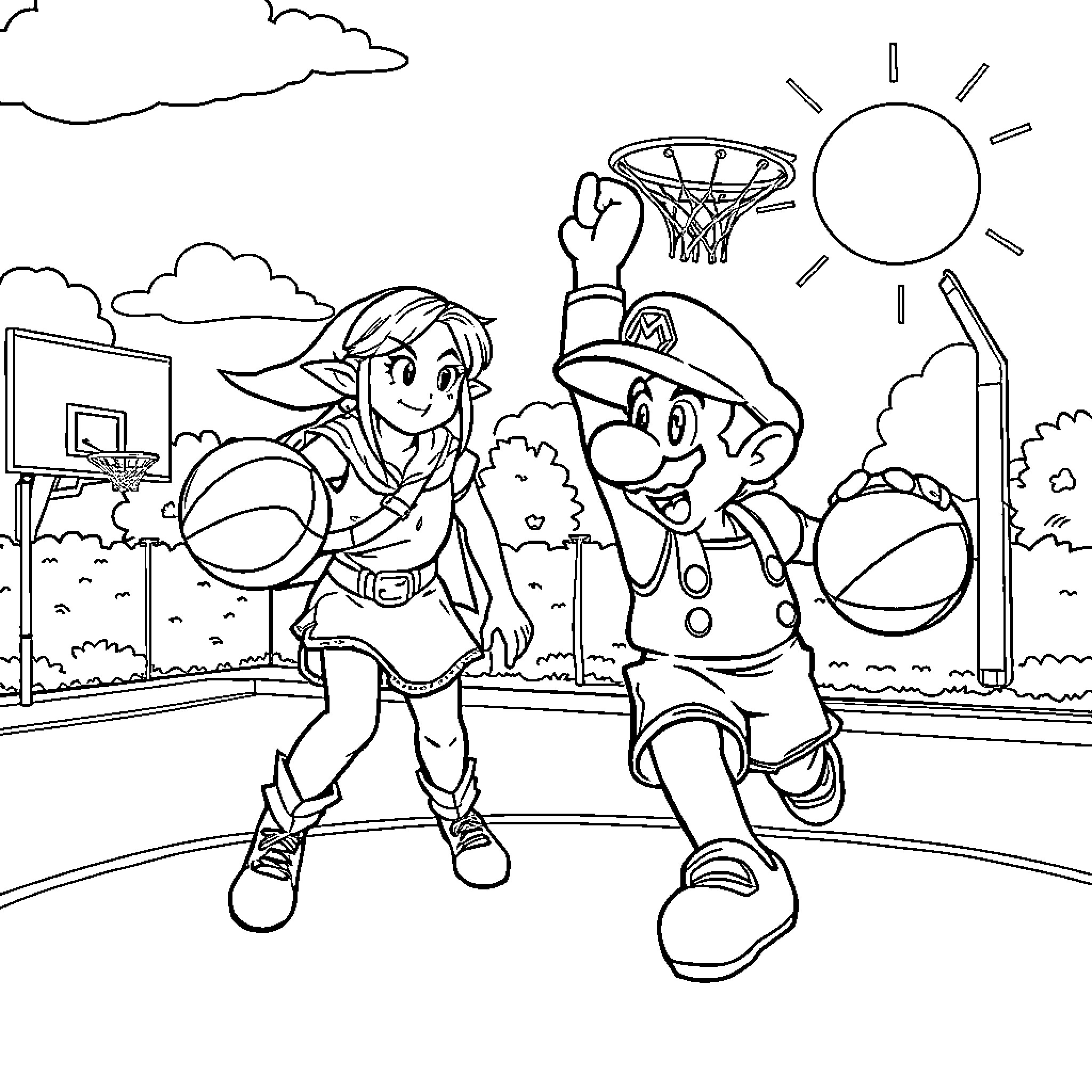 Zelda and Mario playing basketball in the park Coloring Page (free black-and-white line drawing printable PDF for all, from beginners to advanced learners, including children, teens, adults, and seniors)