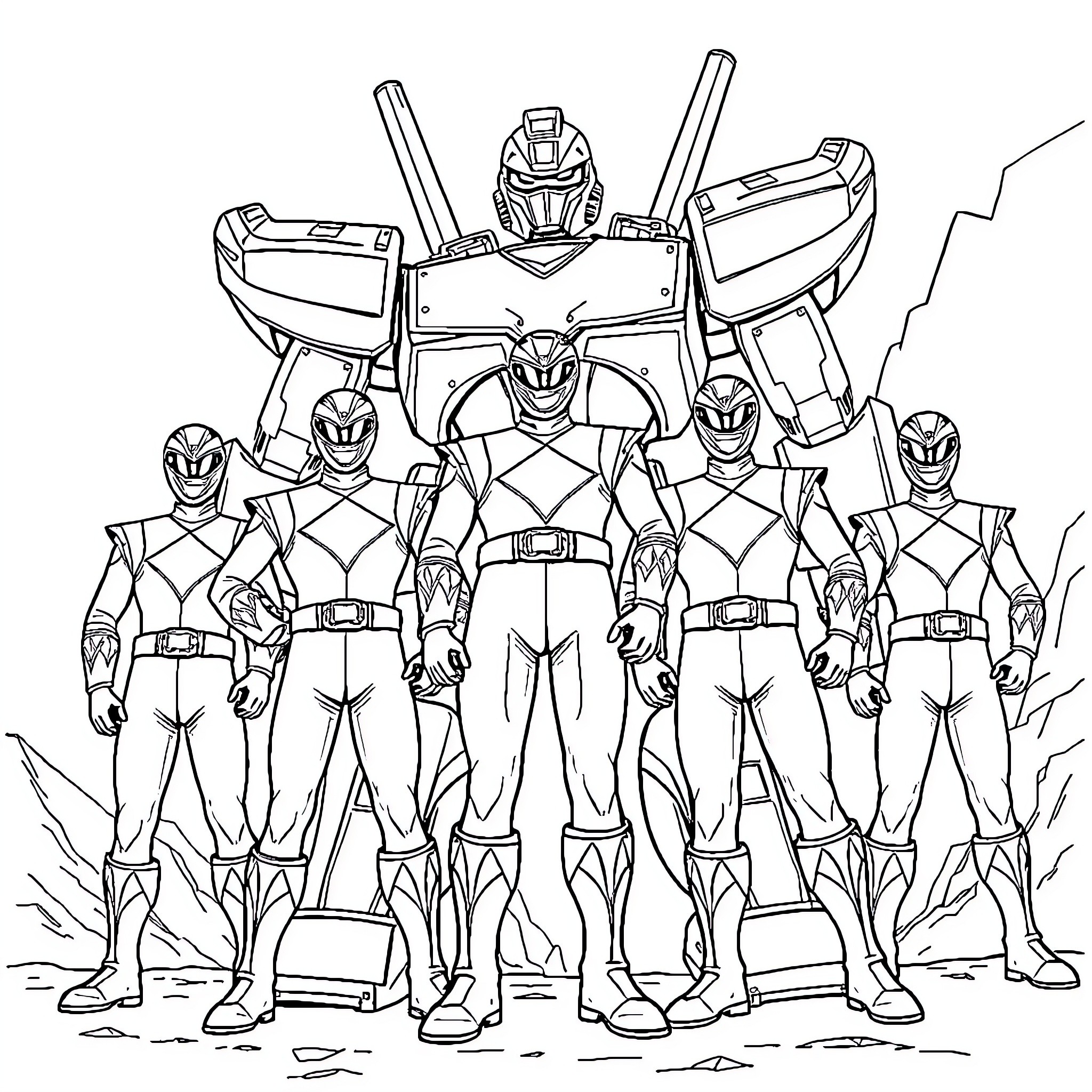 Power Rangers Assemble for Action and Adventure Coloring Page (free black-and-white line drawing printable PDF for all, from beginners to advanced learners, including children, teens, adults, and seniors)