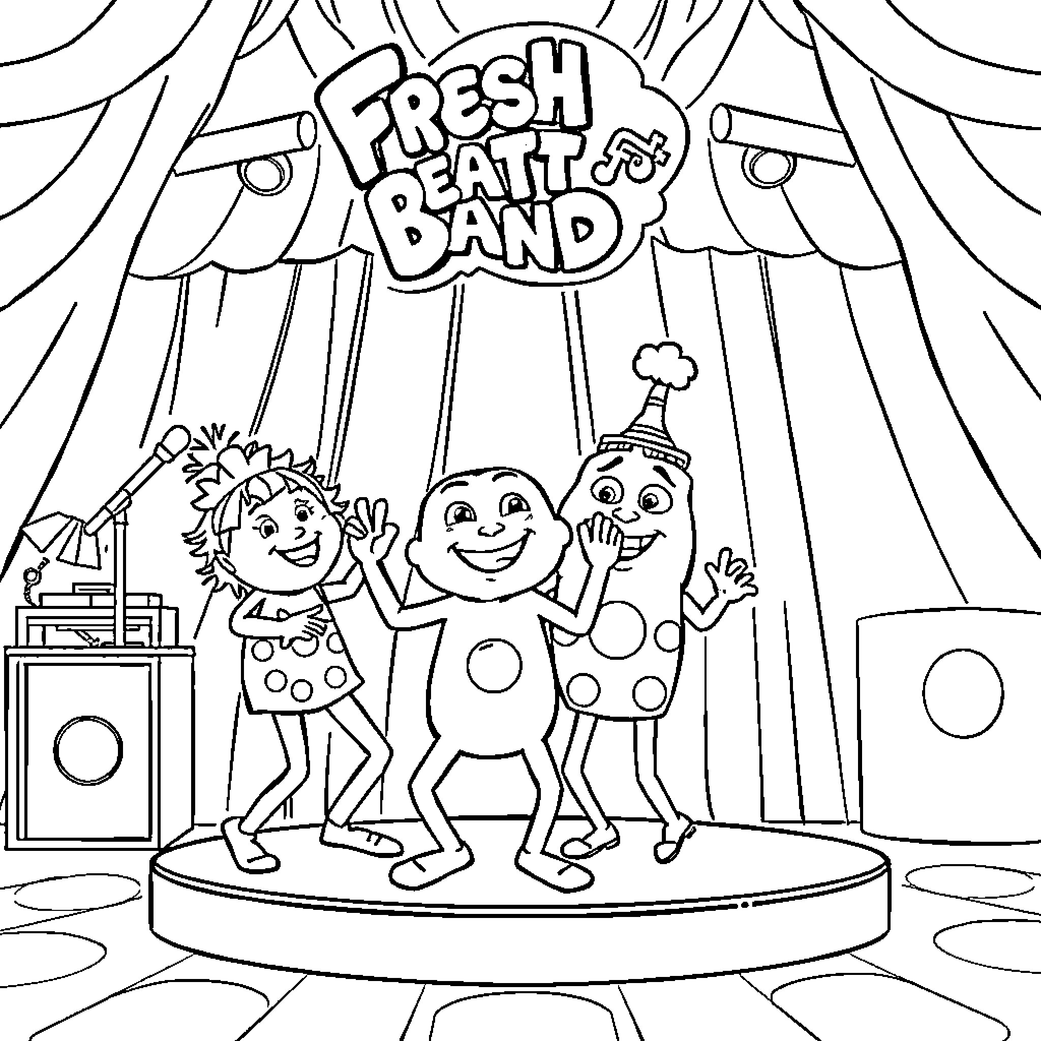 Band performing on stage with energetic characters Coloring Page (free black-and-white line drawing printable PDF for all, from beginners to advanced learners, including children, teens, adults, and seniors)