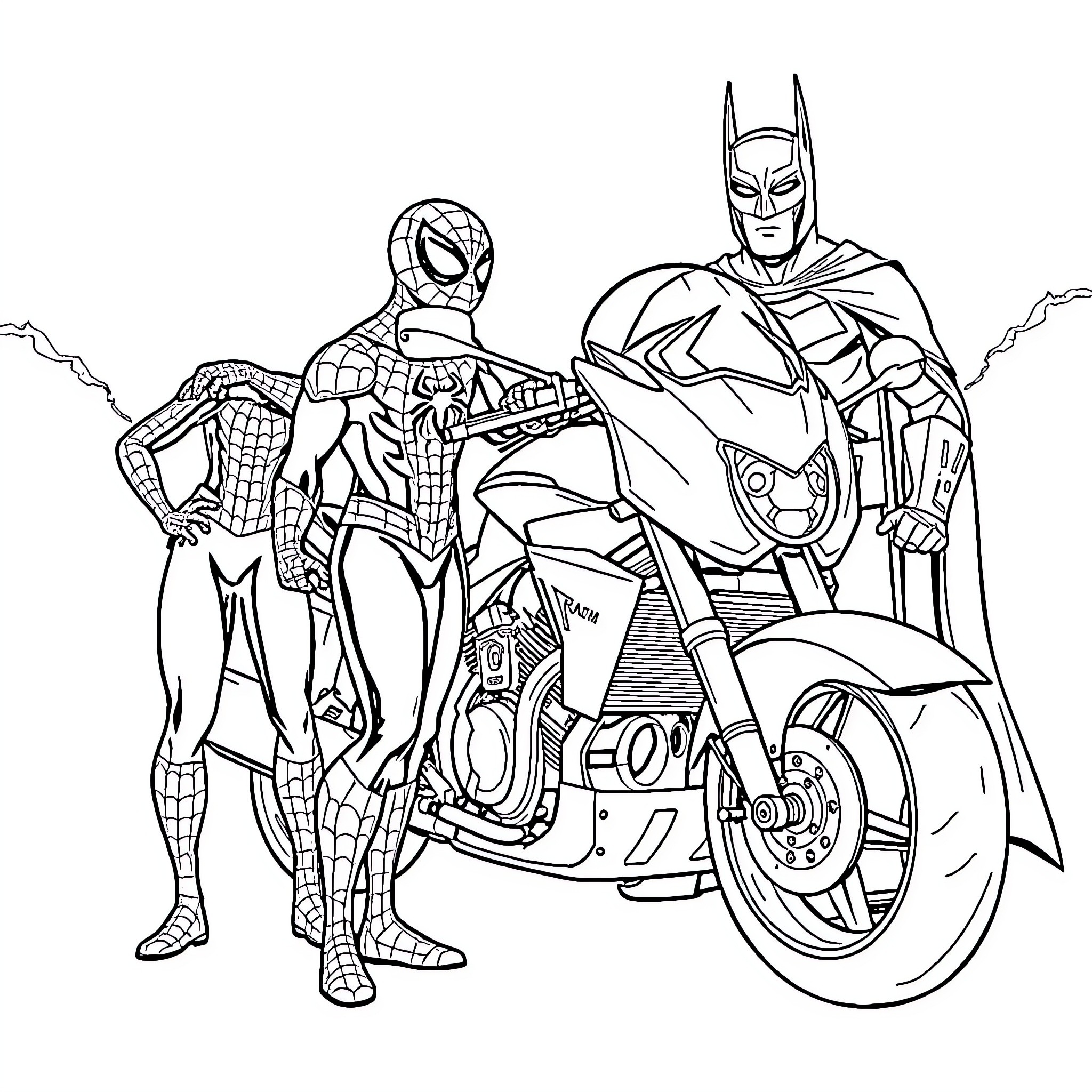 Spider-Man and Batman Teaming Up on Motorbike Coloring Page (free black-and-white line drawing printable PDF for all, from beginners to advanced learners, including children, teens, adults, and seniors)