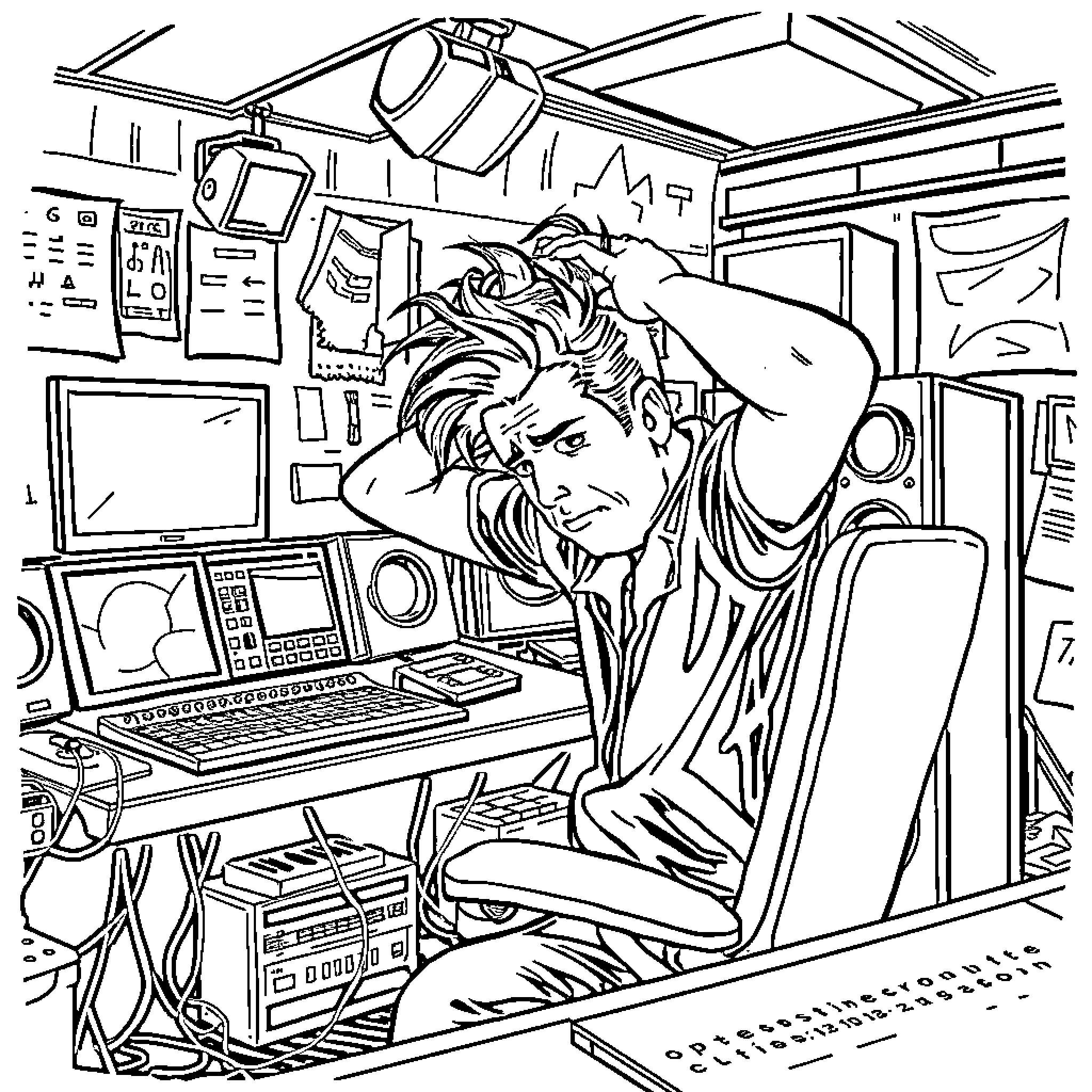 Sound Engineer Working Diligently in Studio Coloring Page (free black-and-white line drawing printable PDF for all, from beginners to advanced learners, including children, teens, adults, and seniors)