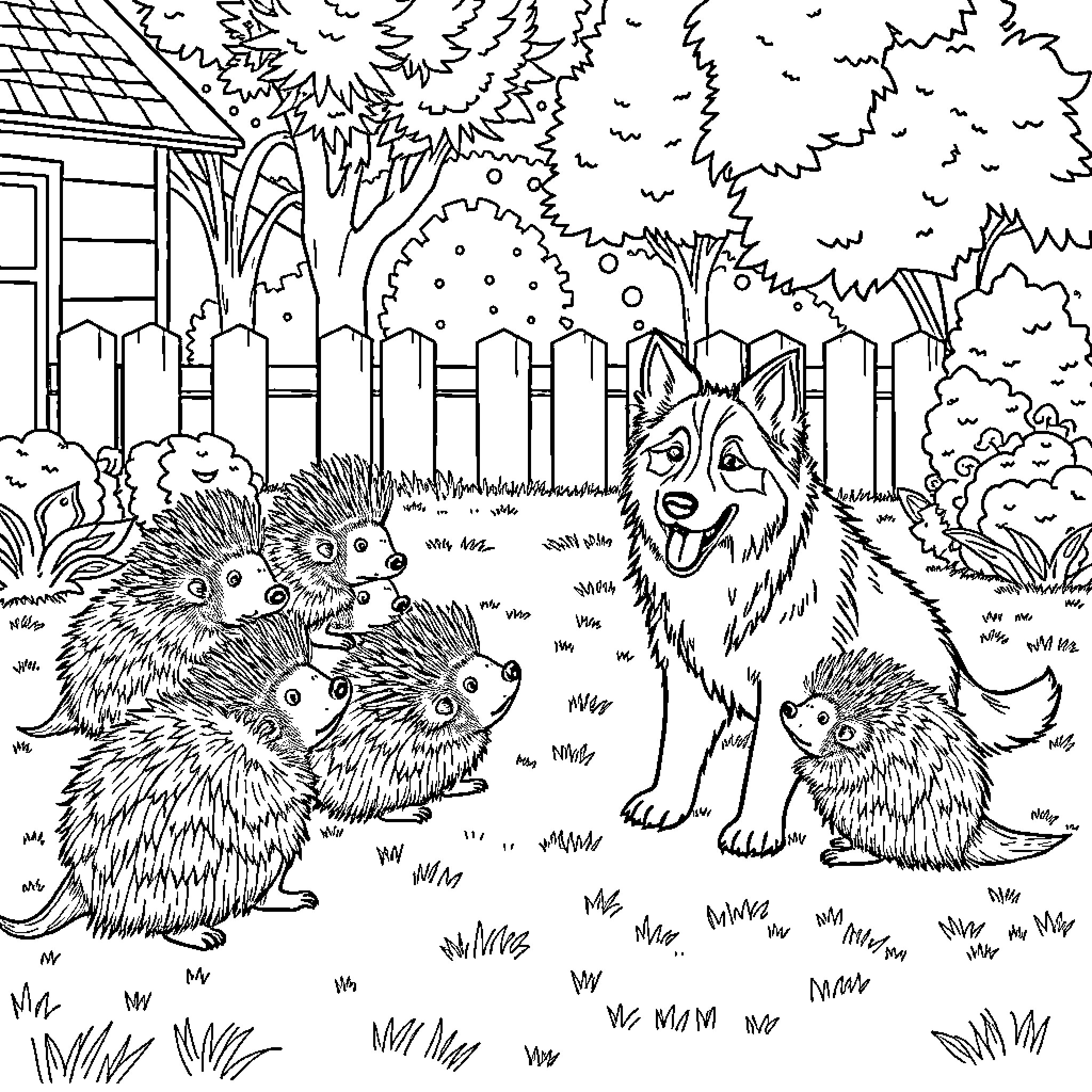 Porcupine family playing in the backyard Coloring Page (free black-and-white line drawing printable PDF for all, from beginners to advanced learners, including children, teens, adults, and seniors)