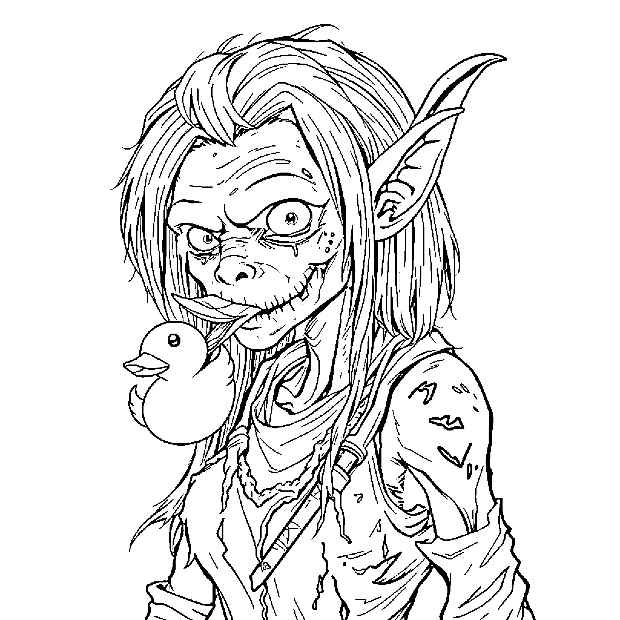 Zombie with disheveled appearance and mysterious expression Coloring Page (free black-and-white line drawing printable PDF for all, from beginners to advanced learners, including children, teens, adults, and seniors)