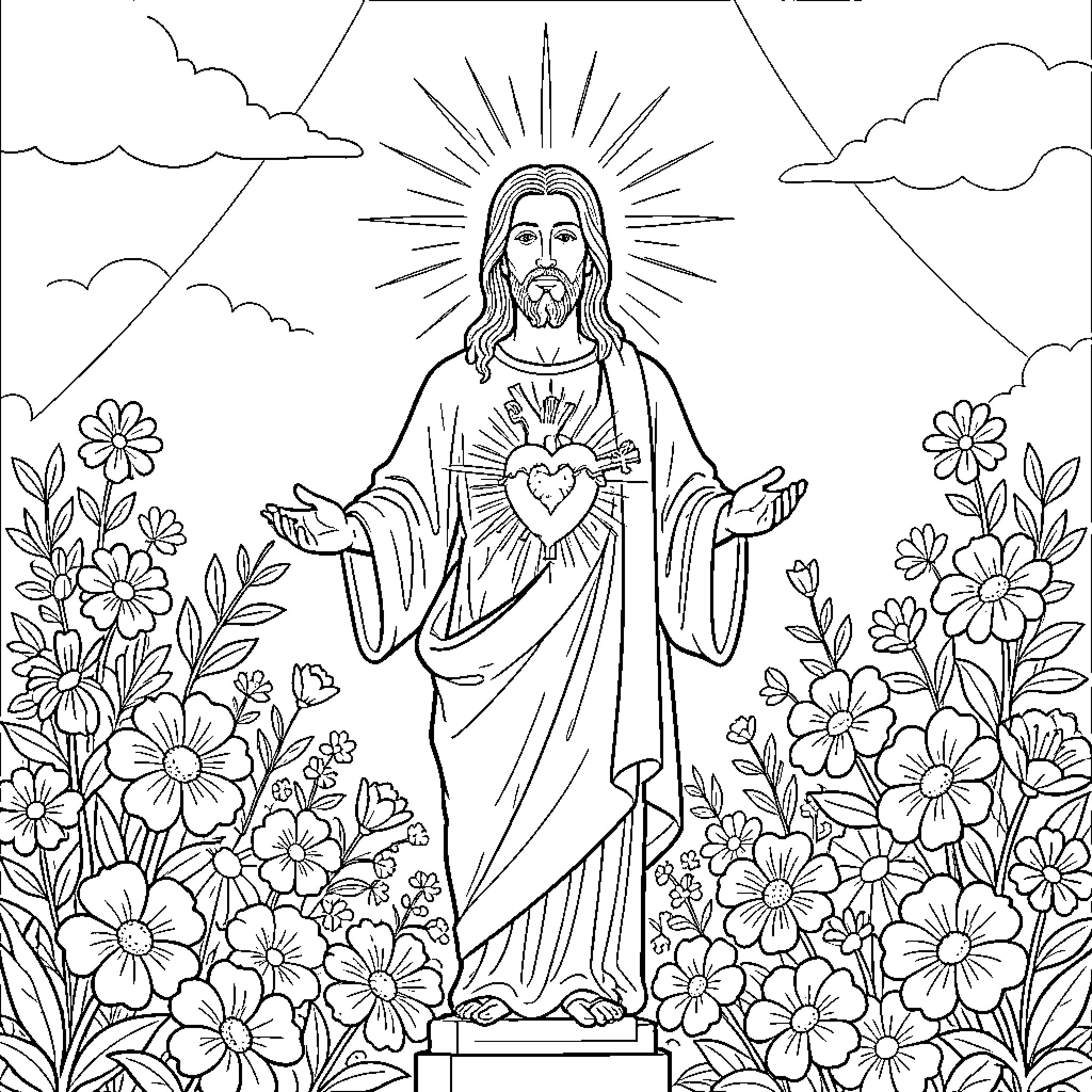Sacred Heart of Jesus amidst a floral garden Coloring Page (free black-and-white line drawing printable PDF for all, from beginners to advanced learners, including children, teens, adults, and seniors)