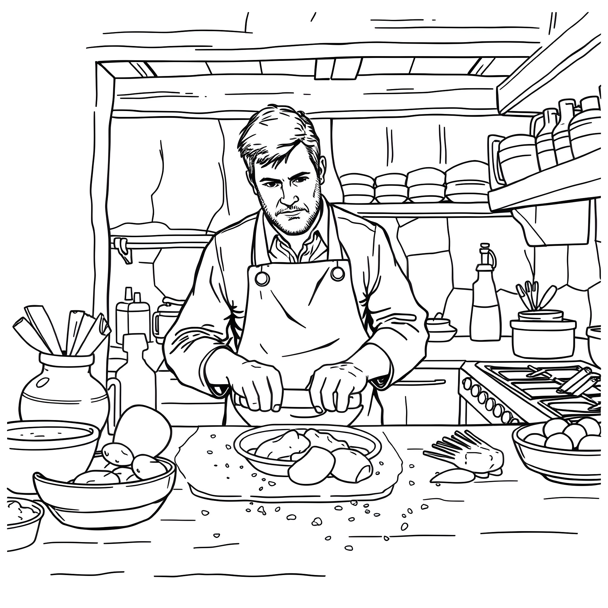 Henry Crabbe cooking in a well-equipped kitchen Coloring Page (free black-and-white line drawing printable PDF for all, from beginners to advanced learners, including children, teens, adults, and seniors)