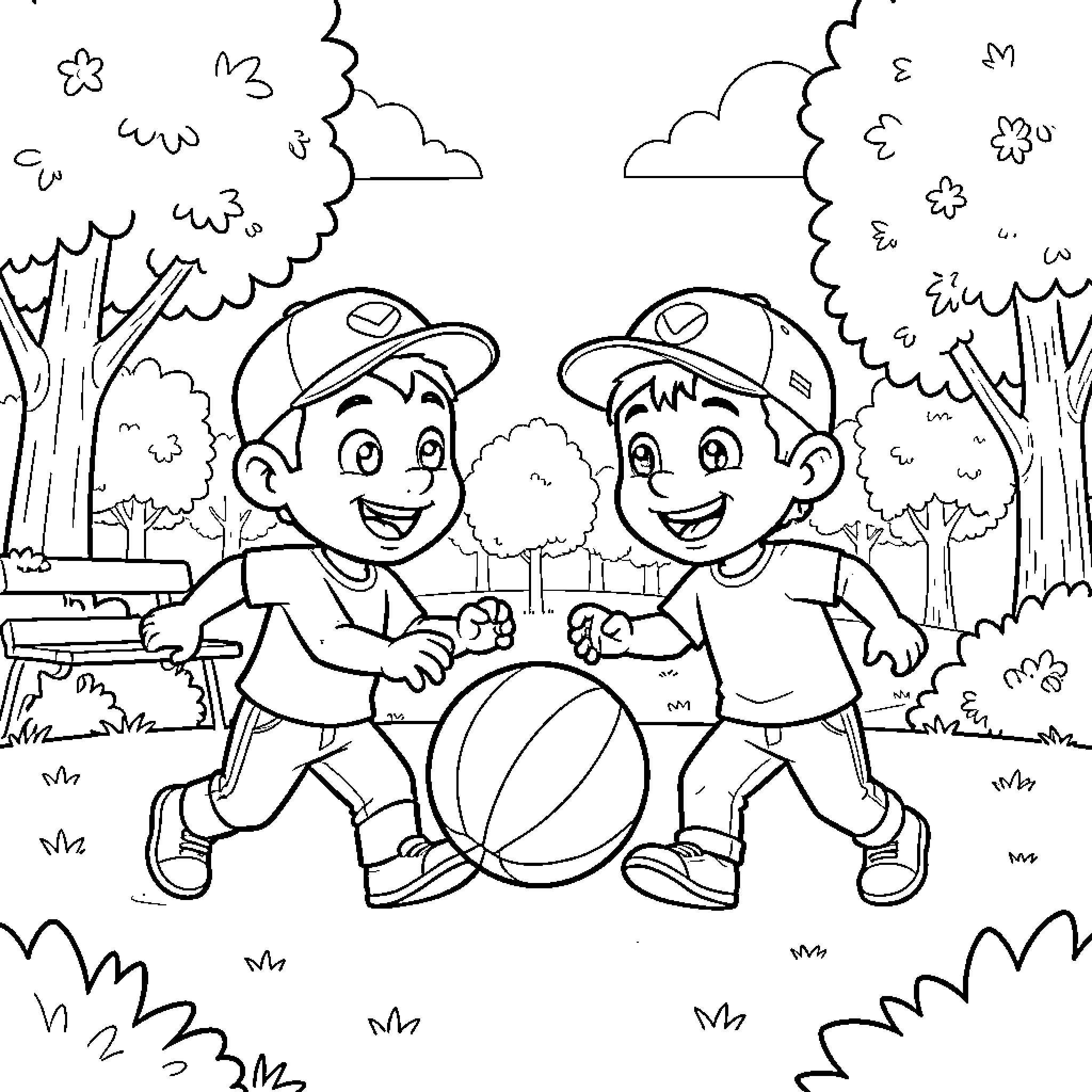 Chase after a basketball in a grassy park Coloring Page (free black-and-white line drawing printable PDF for all, from beginners to advanced learners, including children, teens, adults, and seniors)