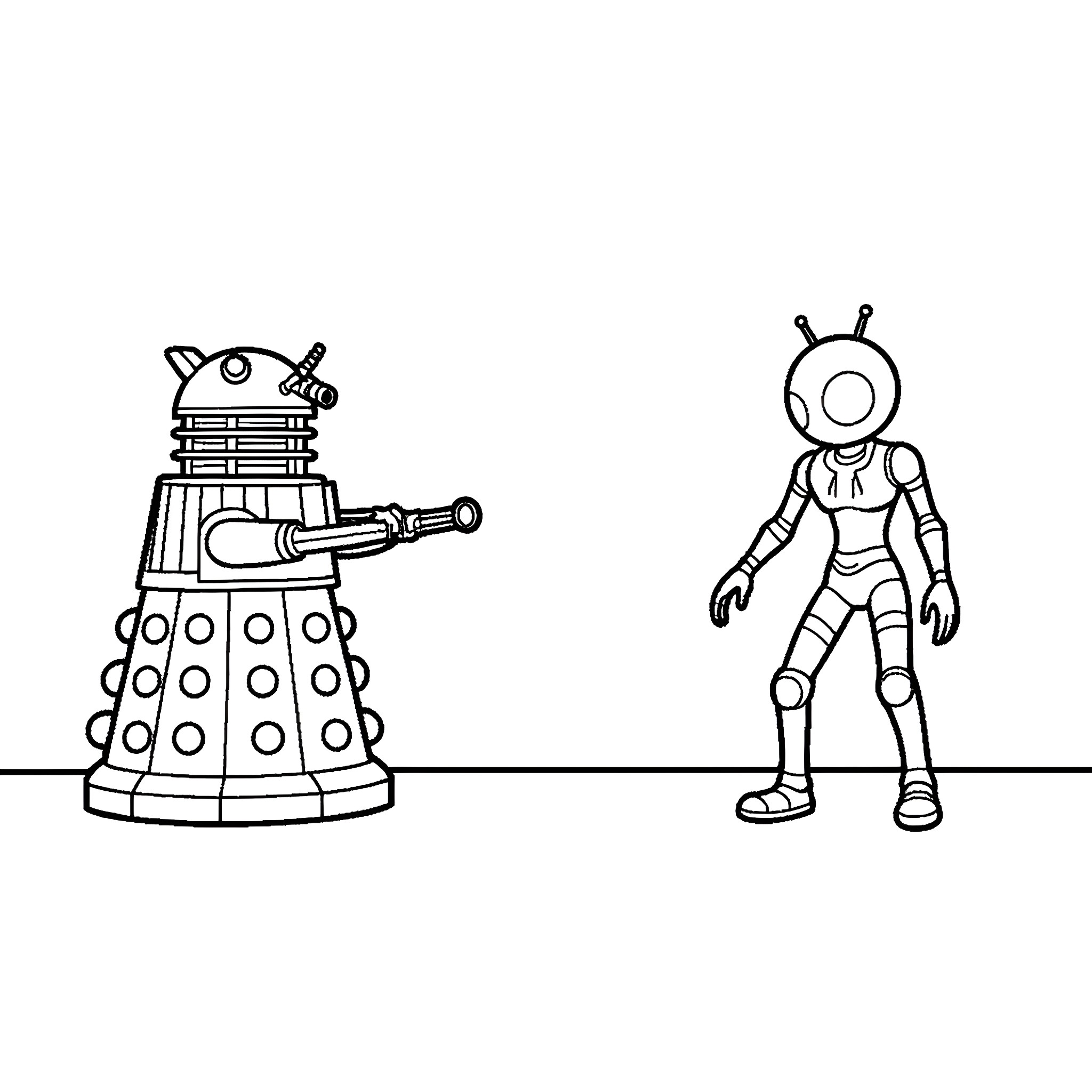 Dalek confronts alien robot in the unknown Coloring Page (free black-and-white line drawing printable PDF for all, from beginners to advanced learners, including children, teens, adults, and seniors)