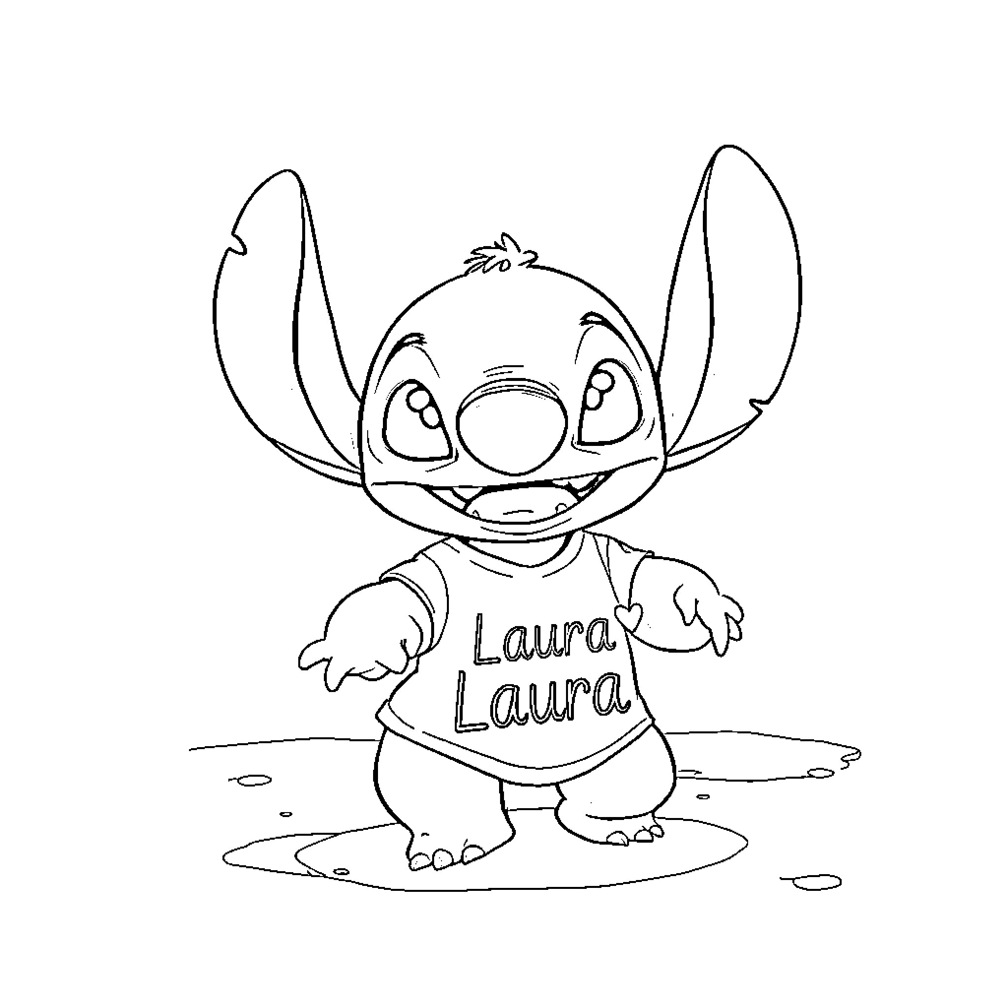 Stitch wears a personalized shirt with name Coloring Page (free black-and-white line drawing printable PDF for all, from beginners to advanced learners, including children, teens, adults, and seniors)