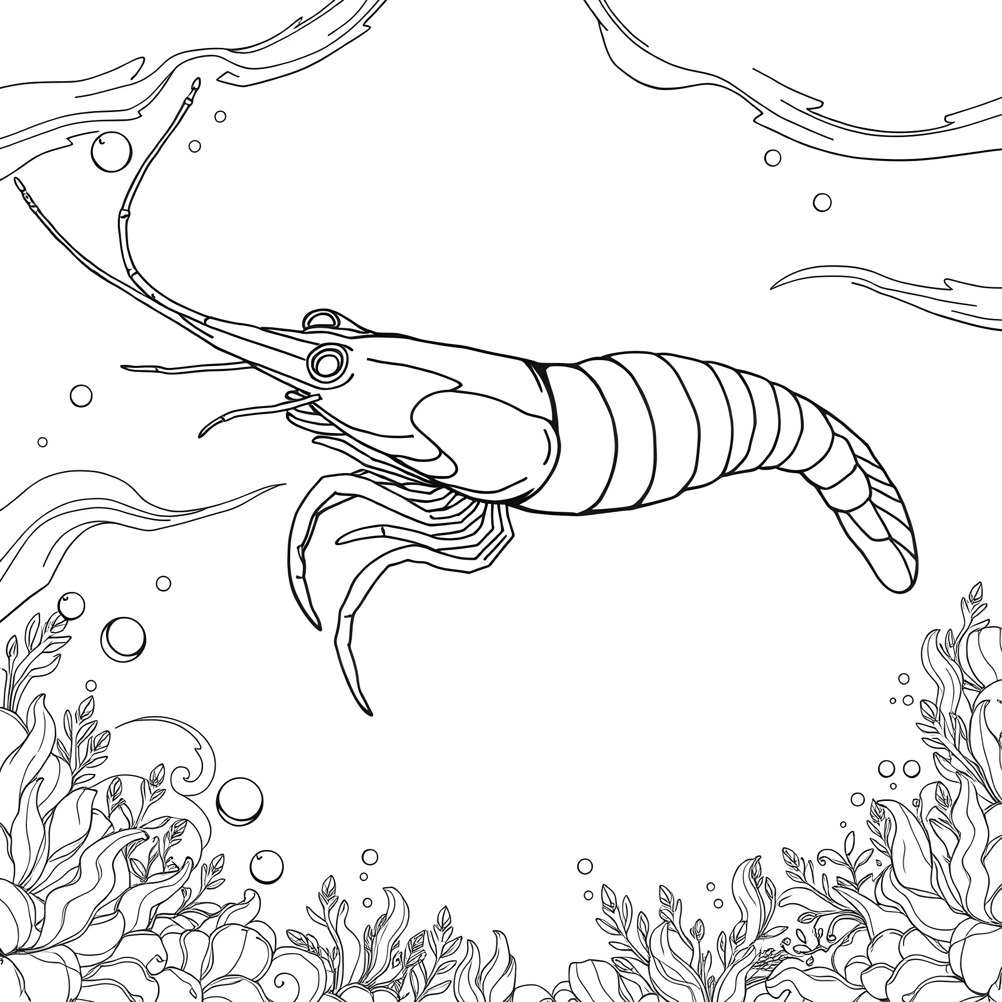 Shrimp swimming amid underwater plants and bubbles Coloring Page (free black-and-white line drawing printable PDF for all, from beginners to advanced learners, including children, teens, adults, and seniors)