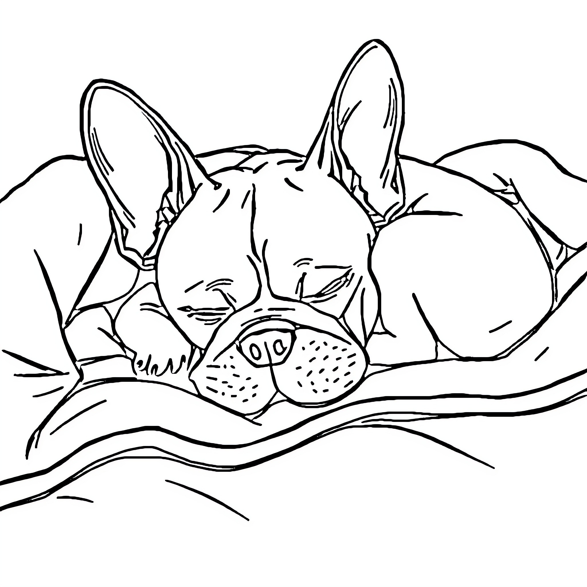 French Bulldog taking a cozy nap Coloring Page (free black-and-white line drawing printable PDF for all, from beginners to advanced learners, including children, teens, adults, and seniors)