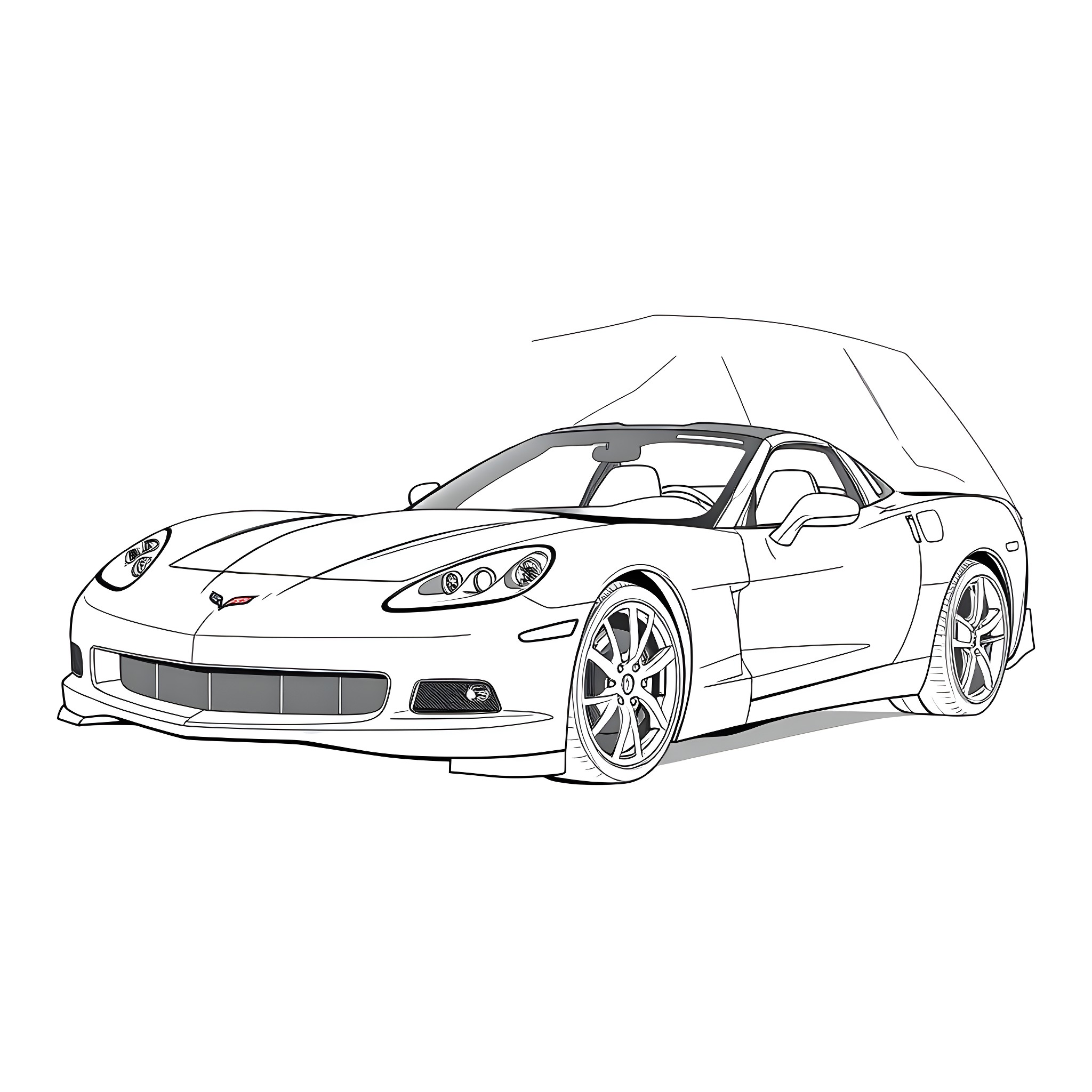 Corvette racing sports car in motion Coloring Page (free black-and-white line drawing printable PDF for all, from beginners to advanced learners, including children, teens, adults, and seniors)