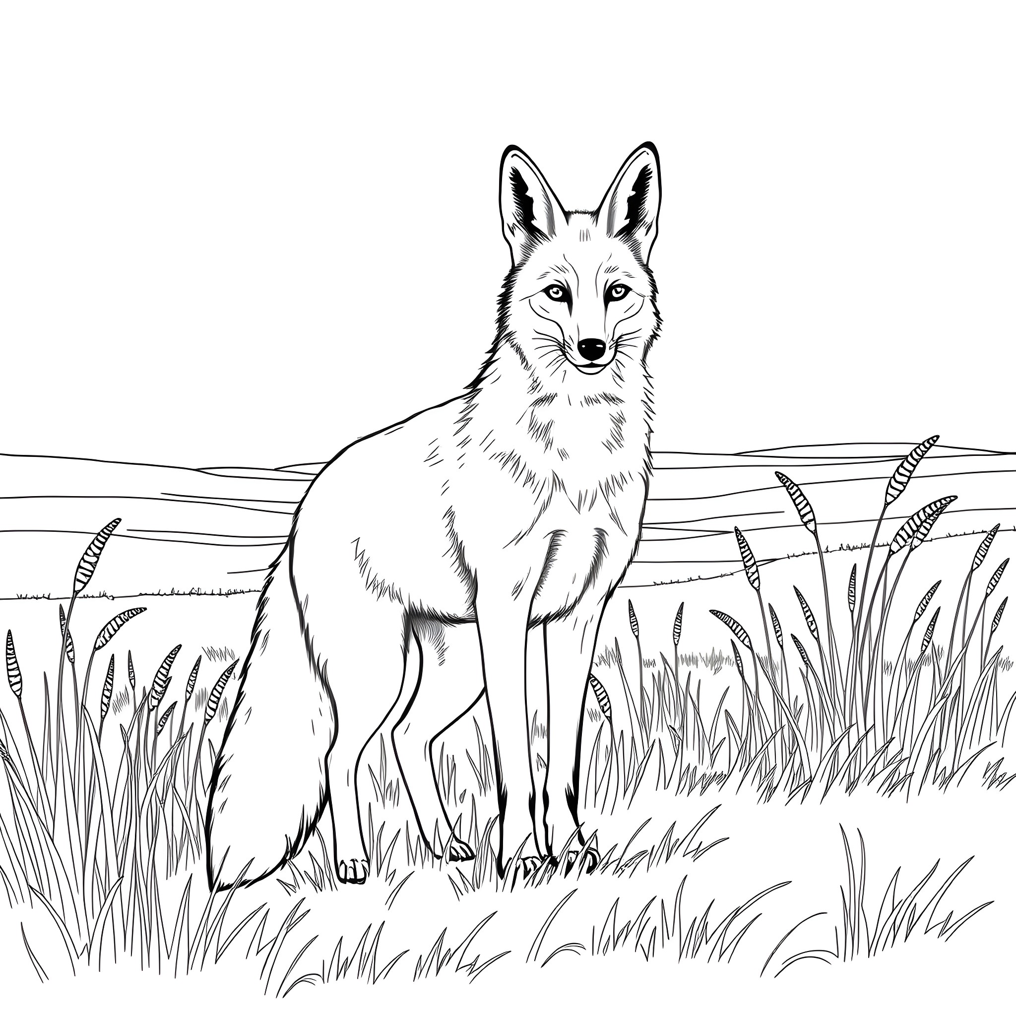 Fox standing alert in the grassy field Coloring Page (free black-and-white line drawing printable PDF for all, from beginners to advanced learners, including children, teens, adults, and seniors)