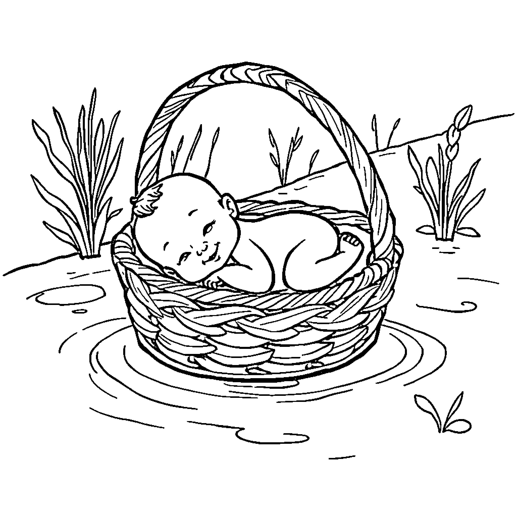 Baby resting peacefully in a wicker basket Coloring Page (free black-and-white line drawing printable PDF for all, from beginners to advanced learners, including children, teens, adults, and seniors)
