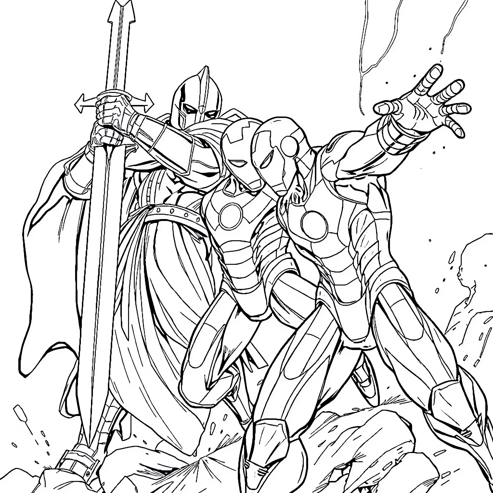 Iron Man in Heroic Battle Pose with Sword and Armor Coloring Page (free black-and-white line drawing printable PDF for all, from beginners to advanced learners, including children, teens, adults, and seniors)
