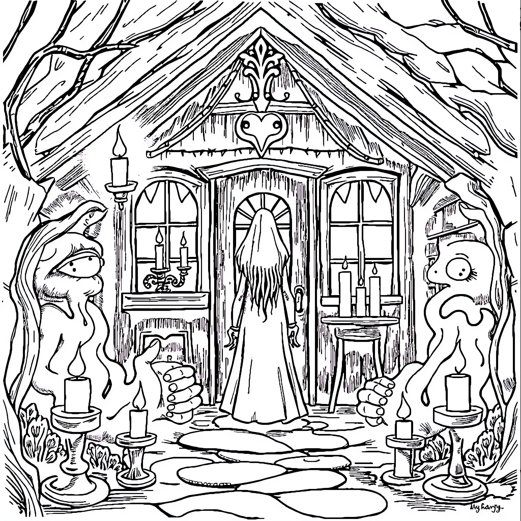 House of Mysterious Wonders and Strange Occurrences Coloring Page (free black-and-white line drawing printable PDF for all, from beginners to advanced learners, including children, teens, adults, and seniors)