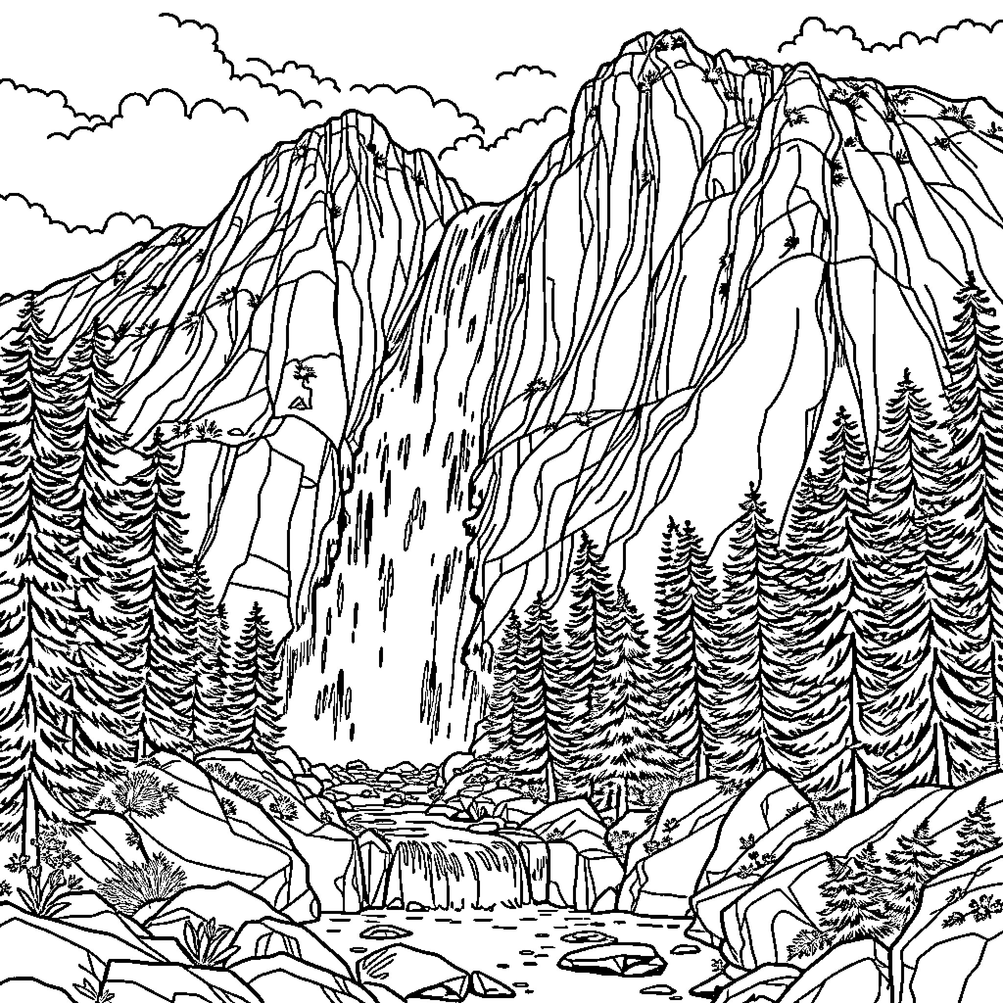 Waterfall flowing through rugged mountain landscape Coloring Page (free black-and-white line drawing printable PDF for all, from beginners to advanced learners, including children, teens, adults, and seniors)