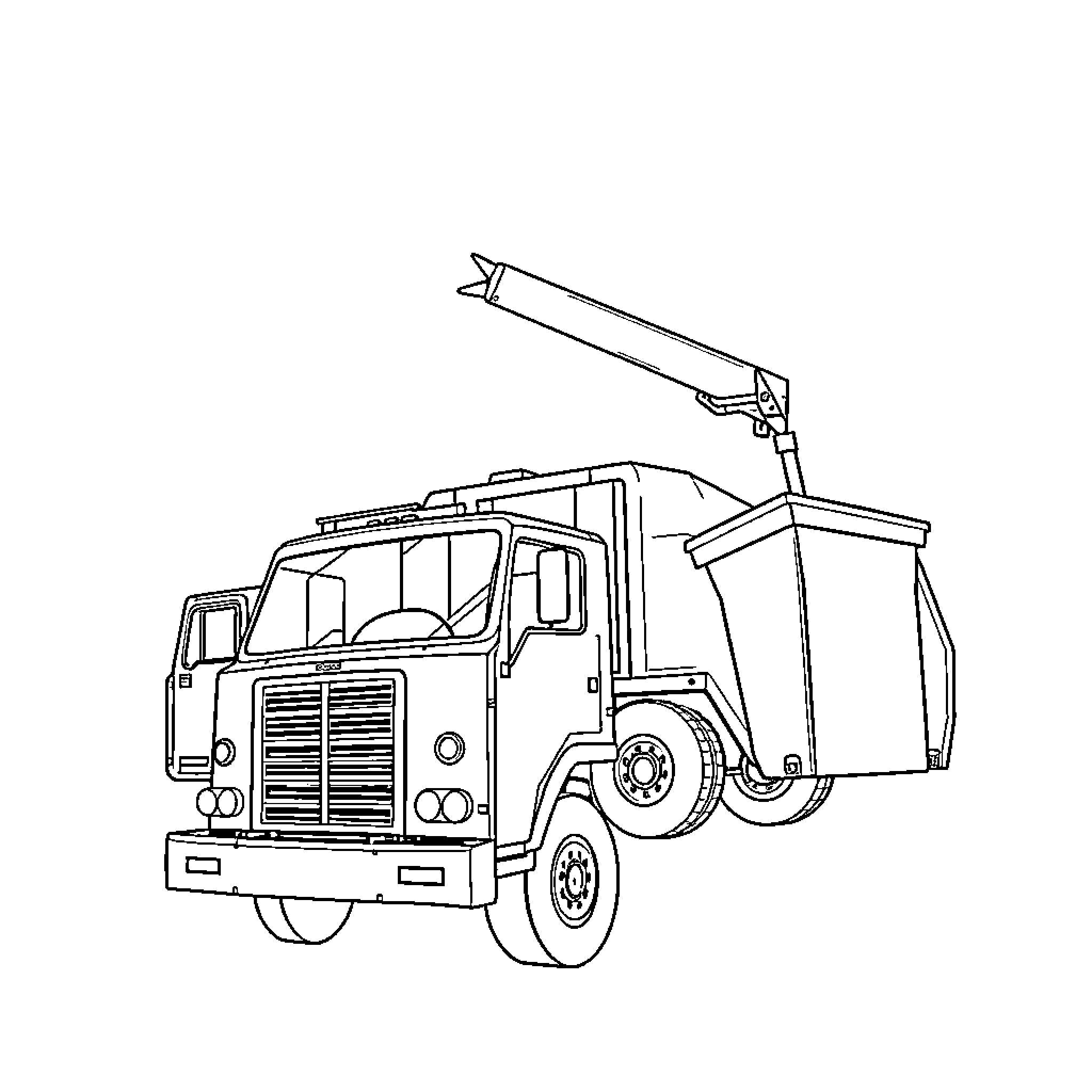 Garbage Truck Lifting Trash Container Coloring Page (free black-and-white line drawing printable PDF for all, from beginners to advanced learners, including children, teens, adults, and seniors)