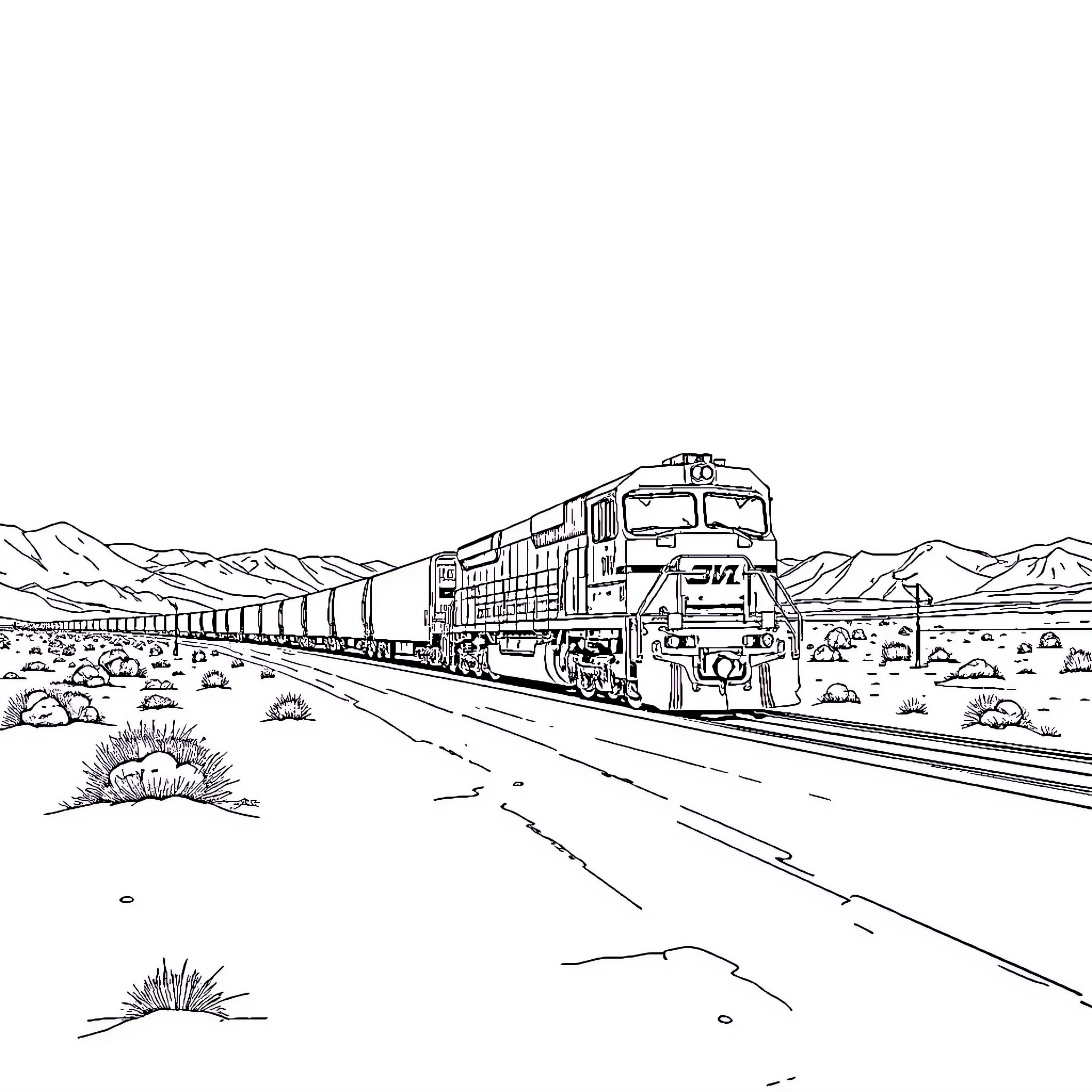 Freight Train Carrying Cargo Through Mountainous Landscape Coloring Page (free black-and-white line drawing printable PDF for all, from beginners to advanced learners, including children, teens, adults, and seniors)