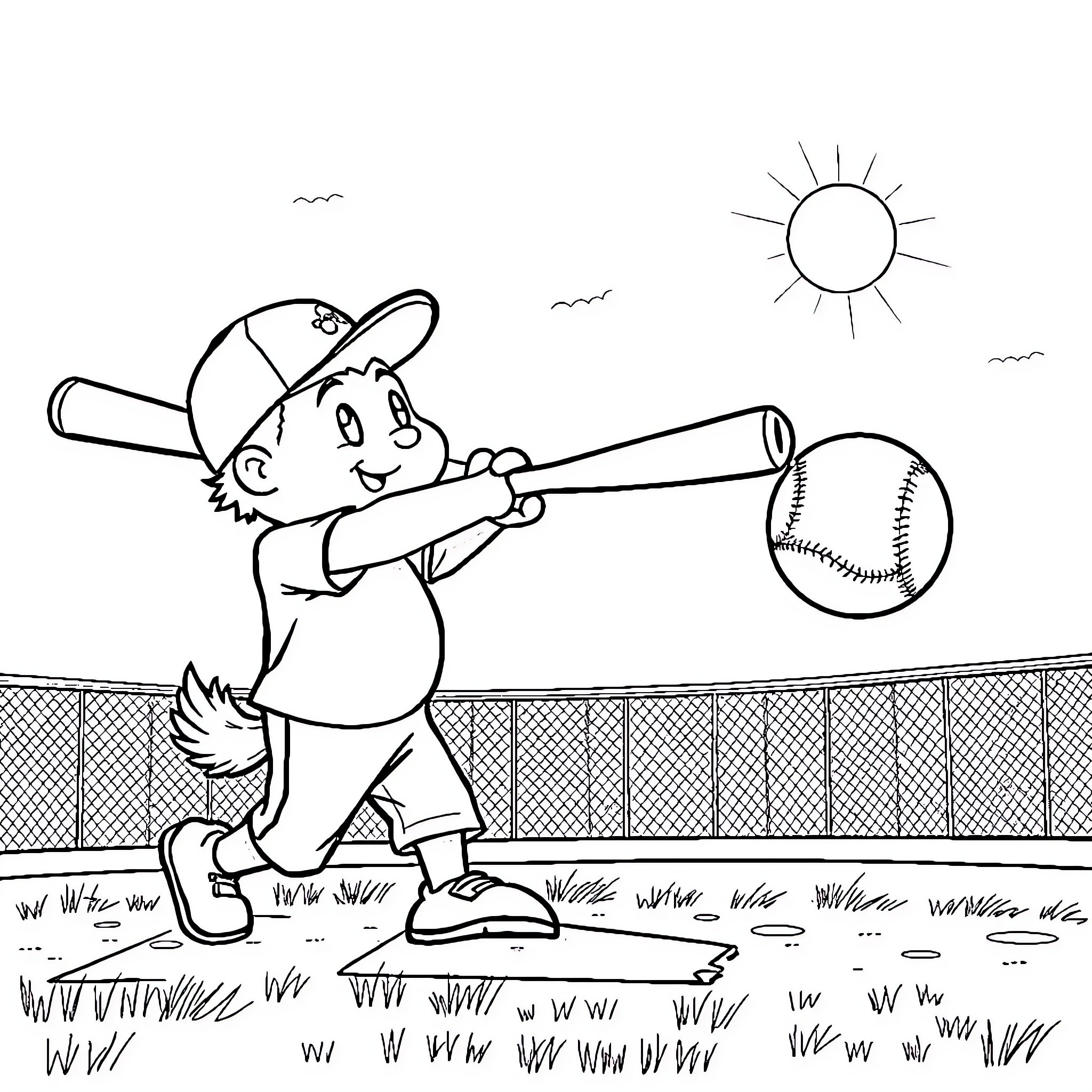 Sprunki playing ball on sunny sports field Coloring Page (free black-and-white line drawing printable PDF for all, from beginners to advanced learners, including children, teens, adults, and seniors)