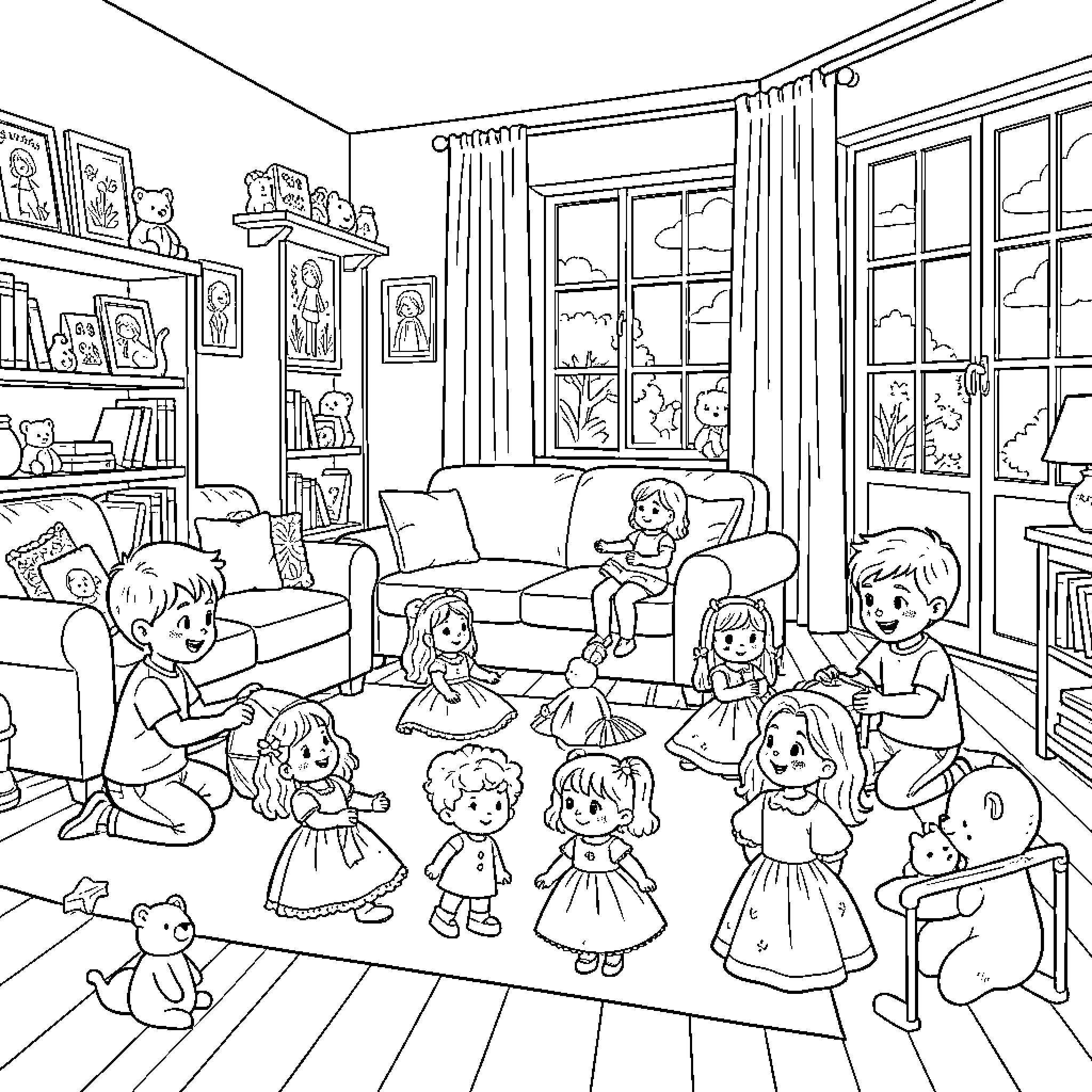 Doll playing scene in a cozy living room Coloring Page (free black-and-white line drawing printable PDF for all, from beginners to advanced learners, including children, teens, adults, and seniors)