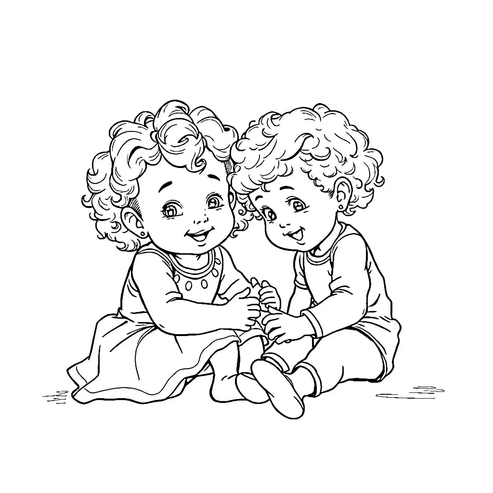 Child friends chatting and smiling happily Coloring Page (free black-and-white line drawing printable PDF for all, from beginners to advanced learners, including children, teens, adults, and seniors)