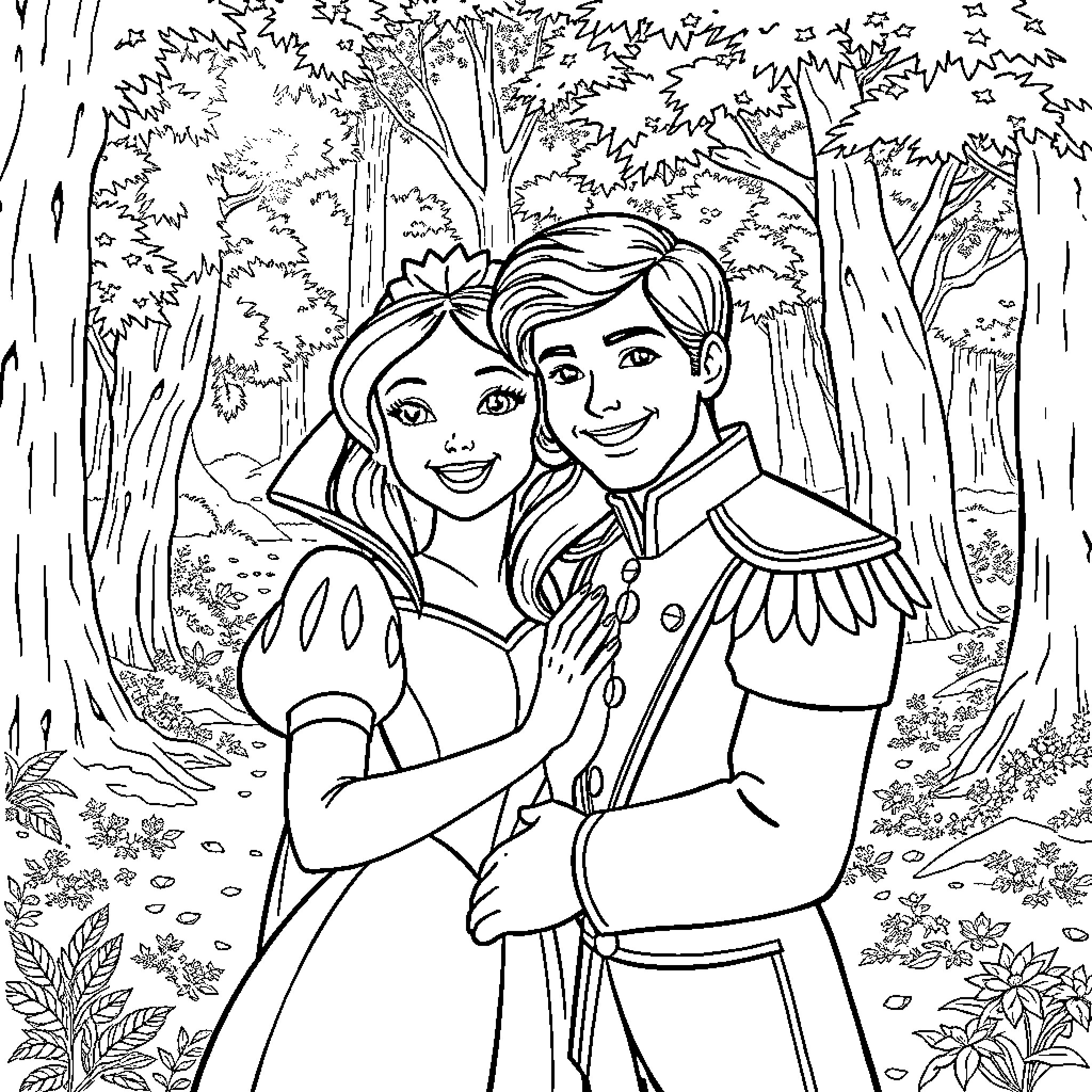 Snow White and her Prince Charming in the enchanted forest Coloring Page (free black-and-white line drawing printable PDF for all, from beginners to advanced learners, including children, teens, adults, and seniors)