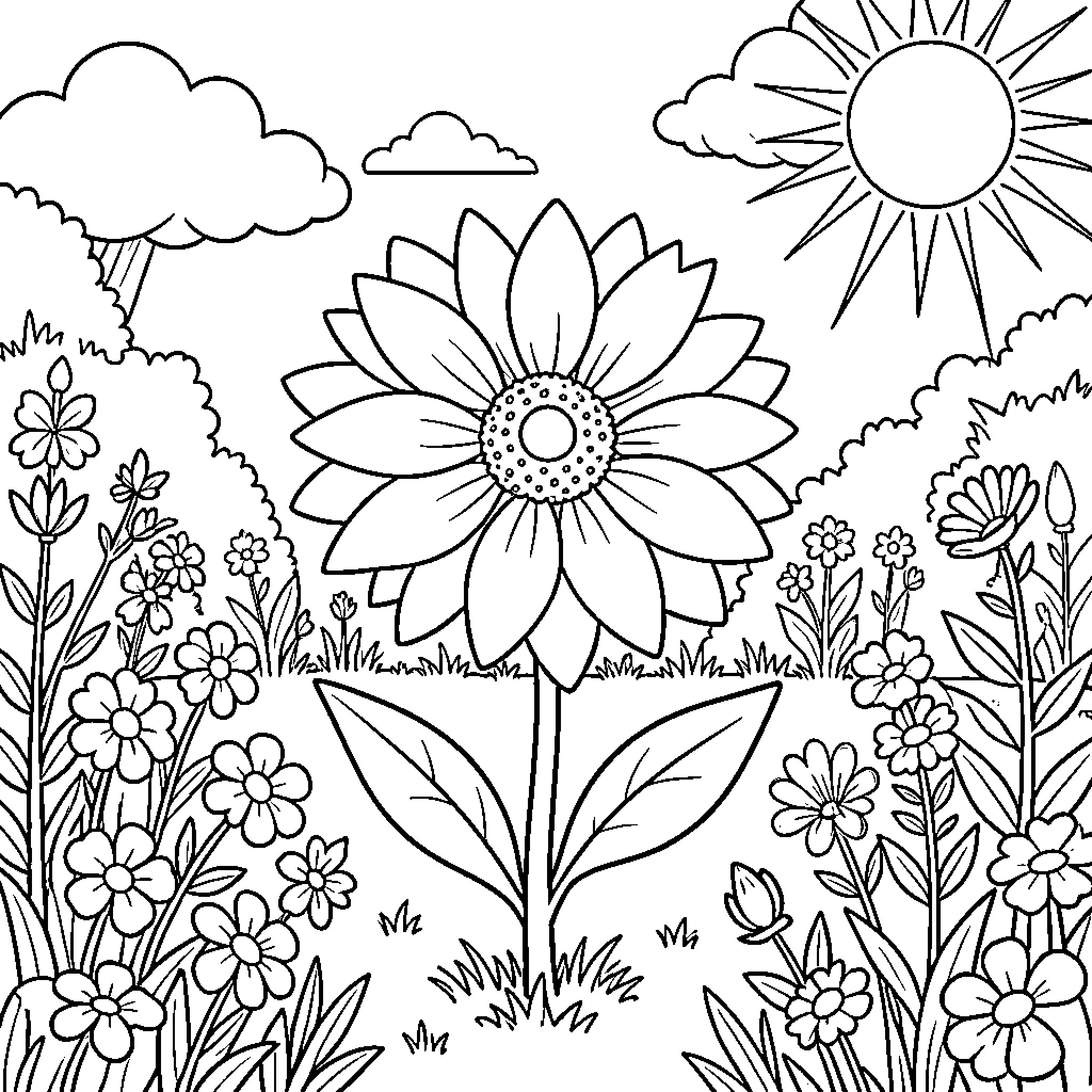 Flower Garden Landscape with Sunlight Coloring Page (free black-and-white line drawing printable PDF for all, from beginners to advanced learners, including children, teens, adults, and seniors)