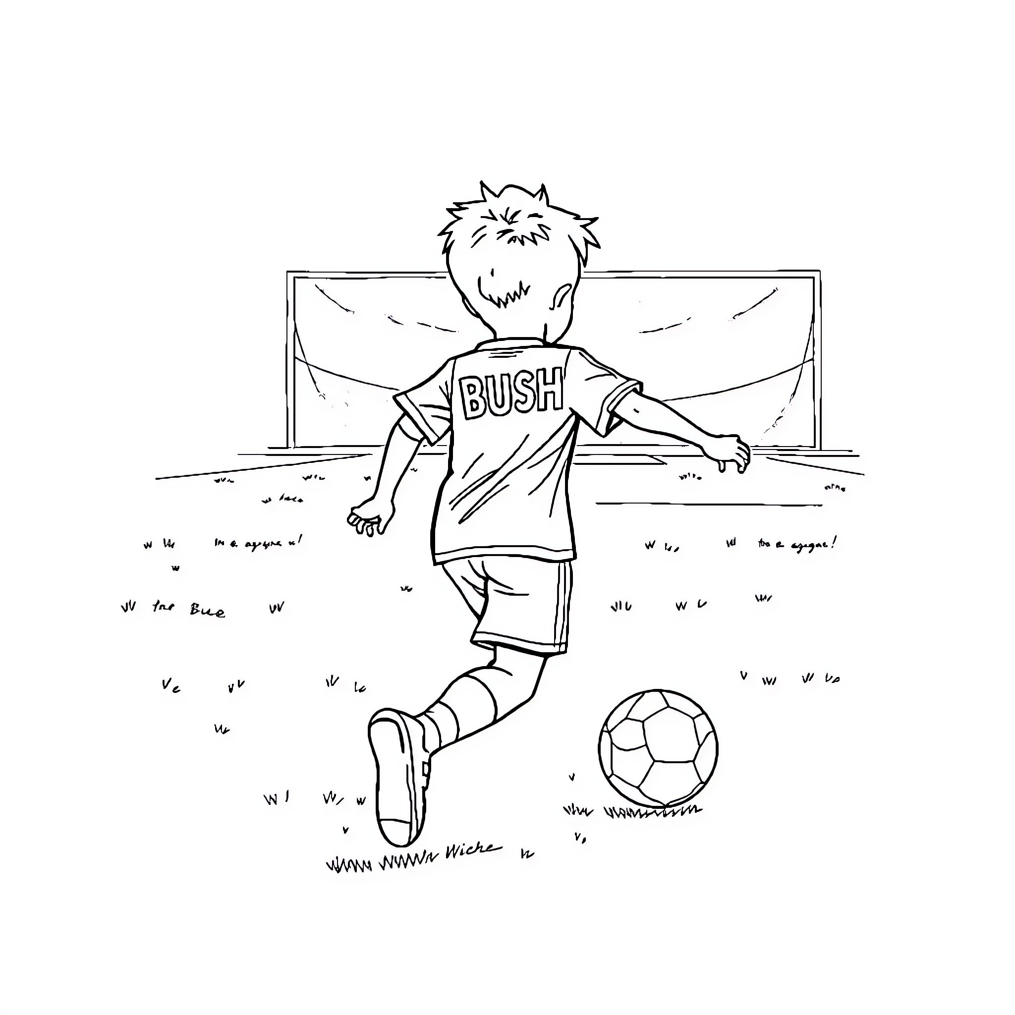 Boy playing soccer on the field Coloring Page (free black-and-white line drawing printable PDF for all, from beginners to advanced learners, including children, teens, adults, and seniors)