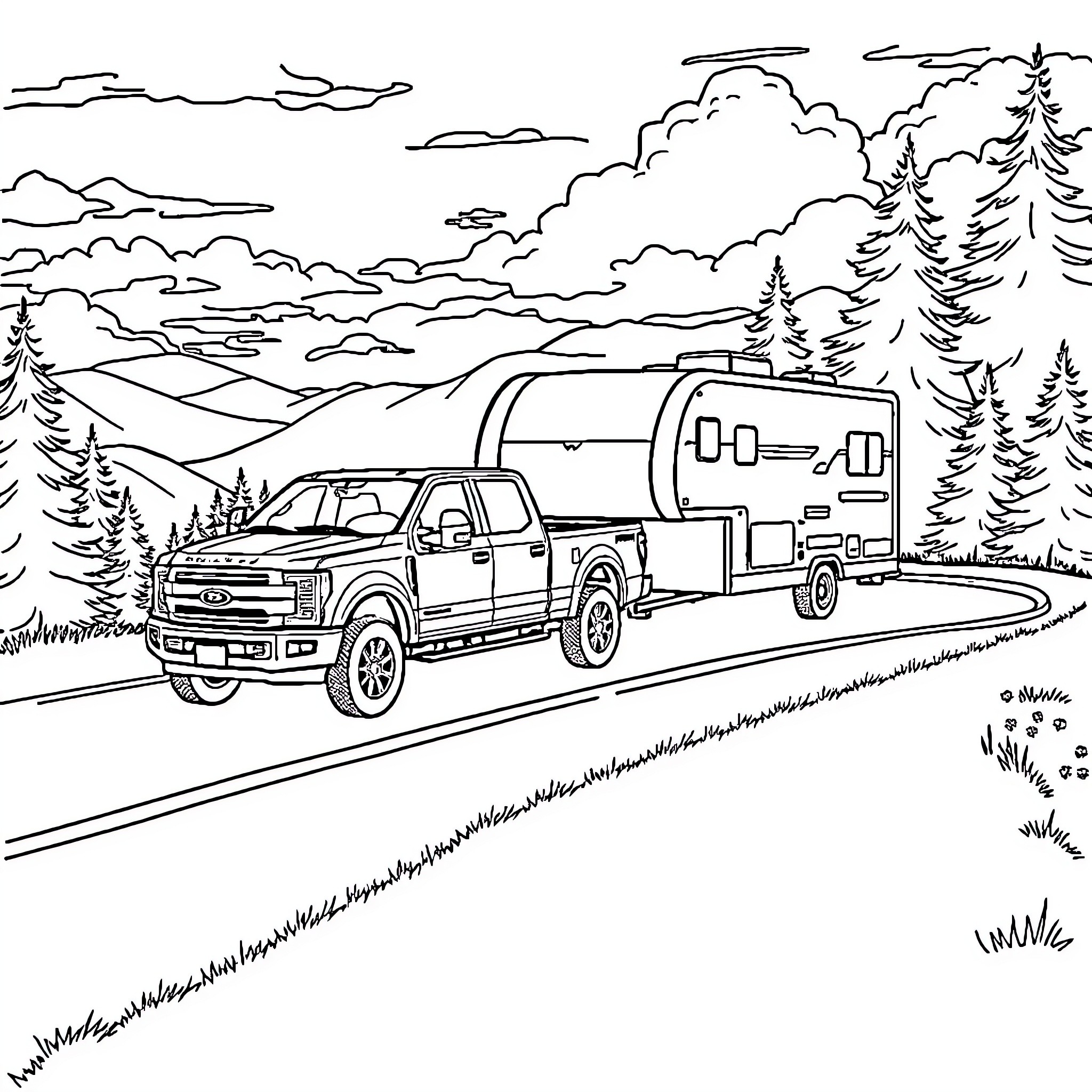 Pickup Truck Towing Camper on Scenic Road Coloring Page (free black-and-white line drawing printable PDF for all, from beginners to advanced learners, including children, teens, adults, and seniors)