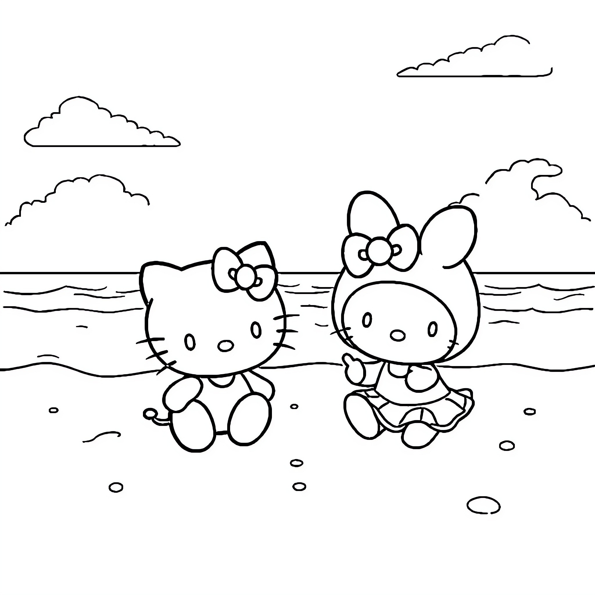 Hello Kitty and Friends Enjoy the Beach Coloring Page (free black-and-white line drawing printable PDF for all, from beginners to advanced learners, including children, teens, adults, and seniors)