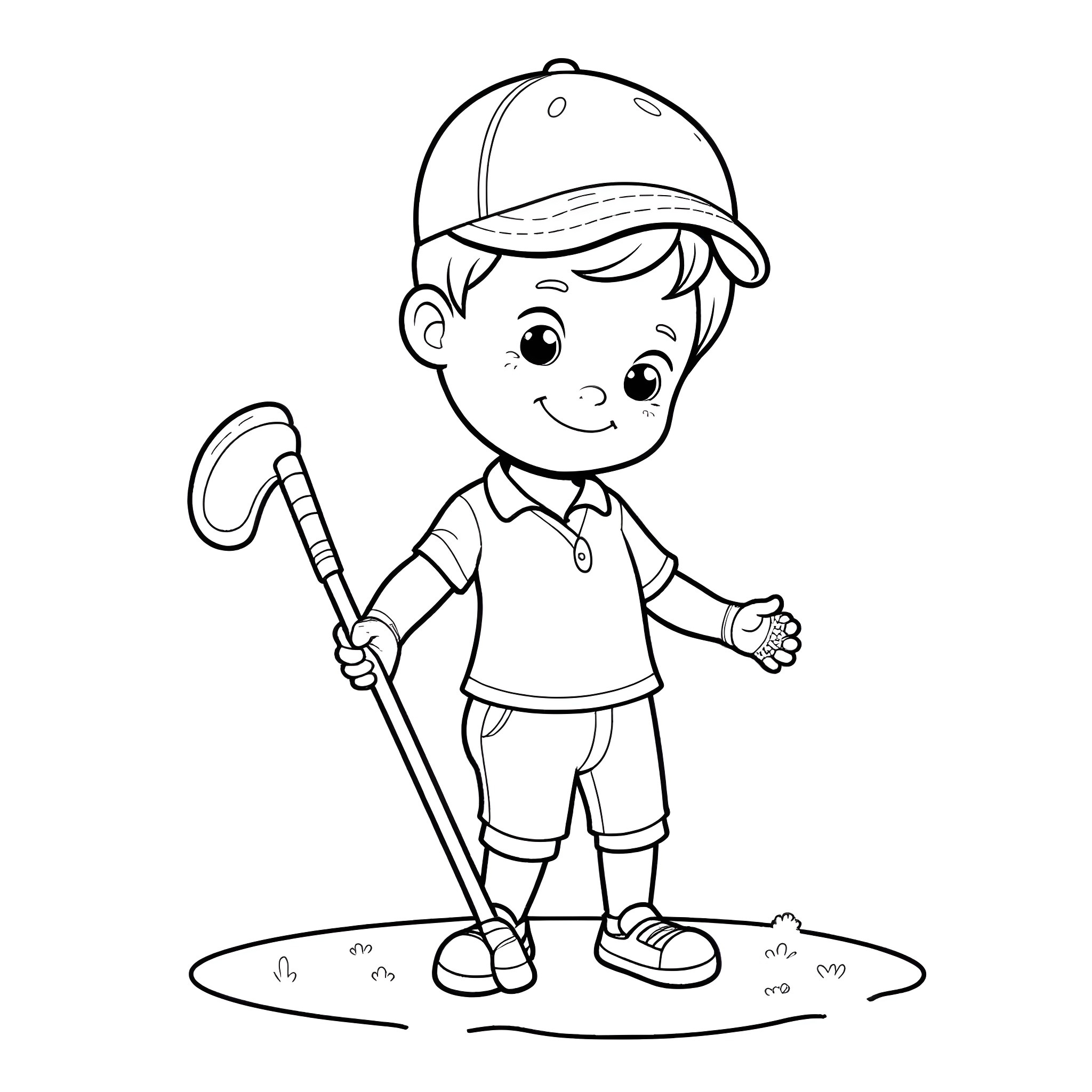 Baby boy holding a golf club outdoors Coloring Page (free black-and-white line drawing printable PDF for all, from beginners to advanced learners, including children, teens, adults, and seniors)
