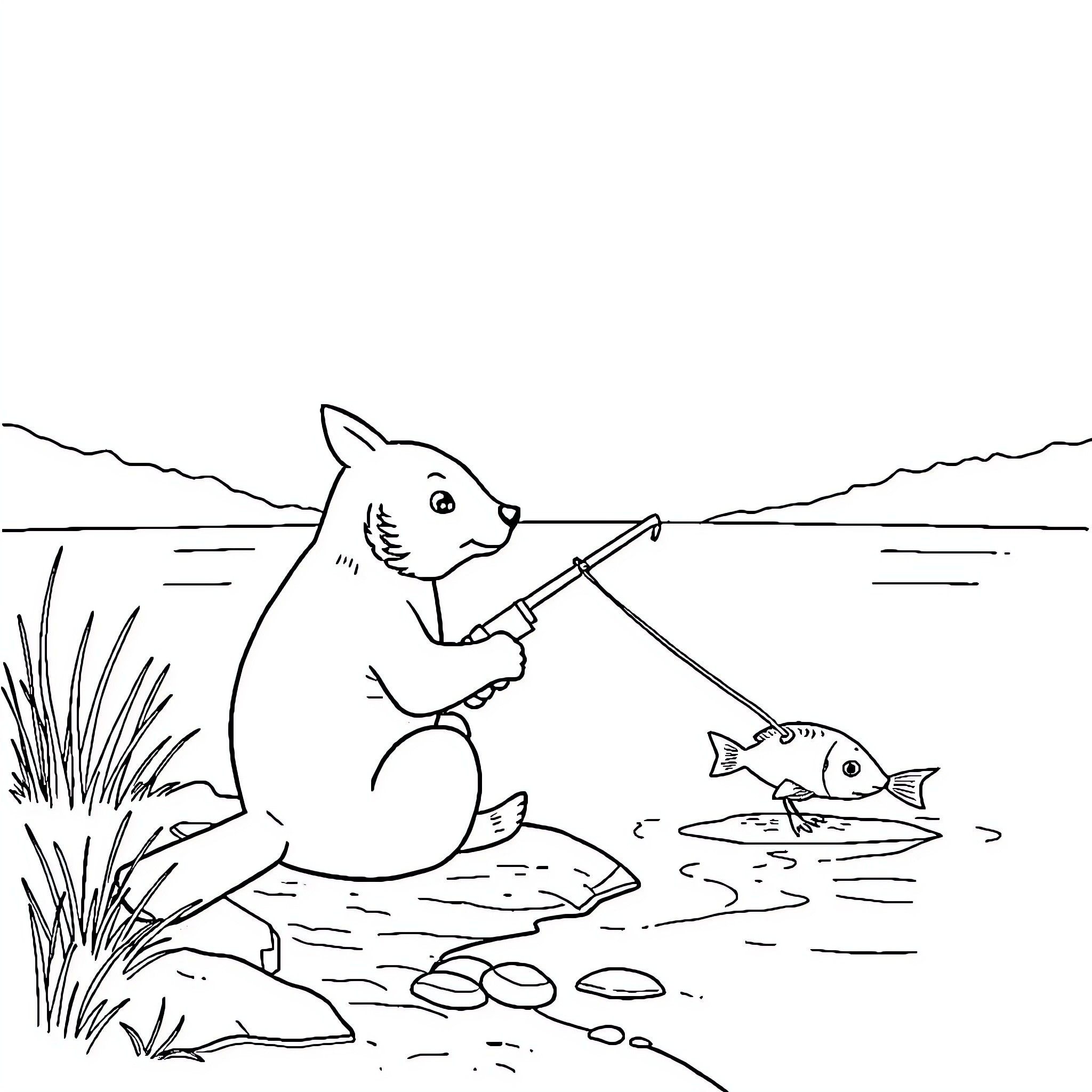 Hedgehog fishing in the river Coloring Page (free black-and-white line drawing printable PDF for all, from beginners to advanced learners, including children, teens, adults, and seniors)