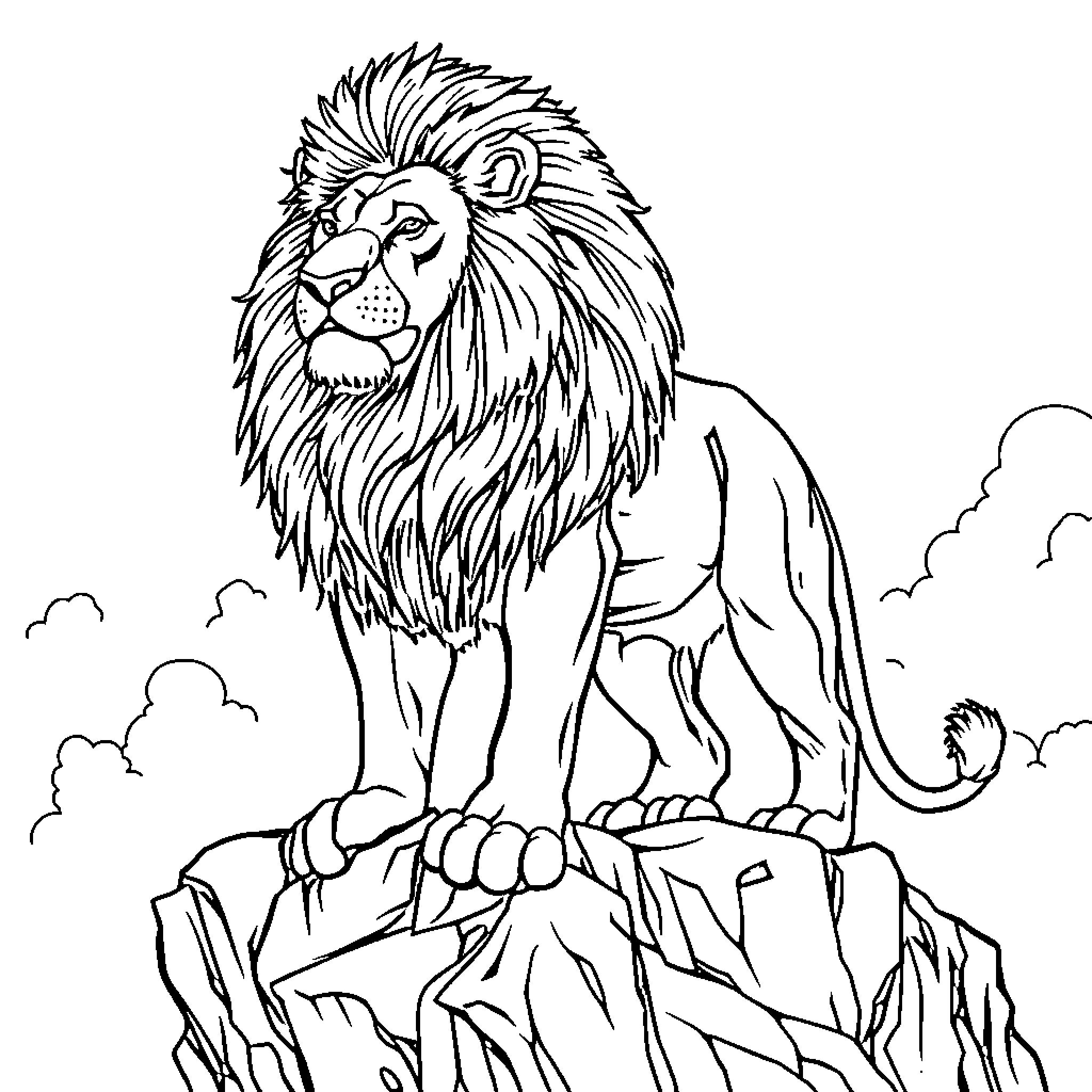 Lion standing majestically on a rocky outcrop Coloring Page (free black-and-white line drawing printable PDF for all, from beginners to advanced learners, including children, teens, adults, and seniors)