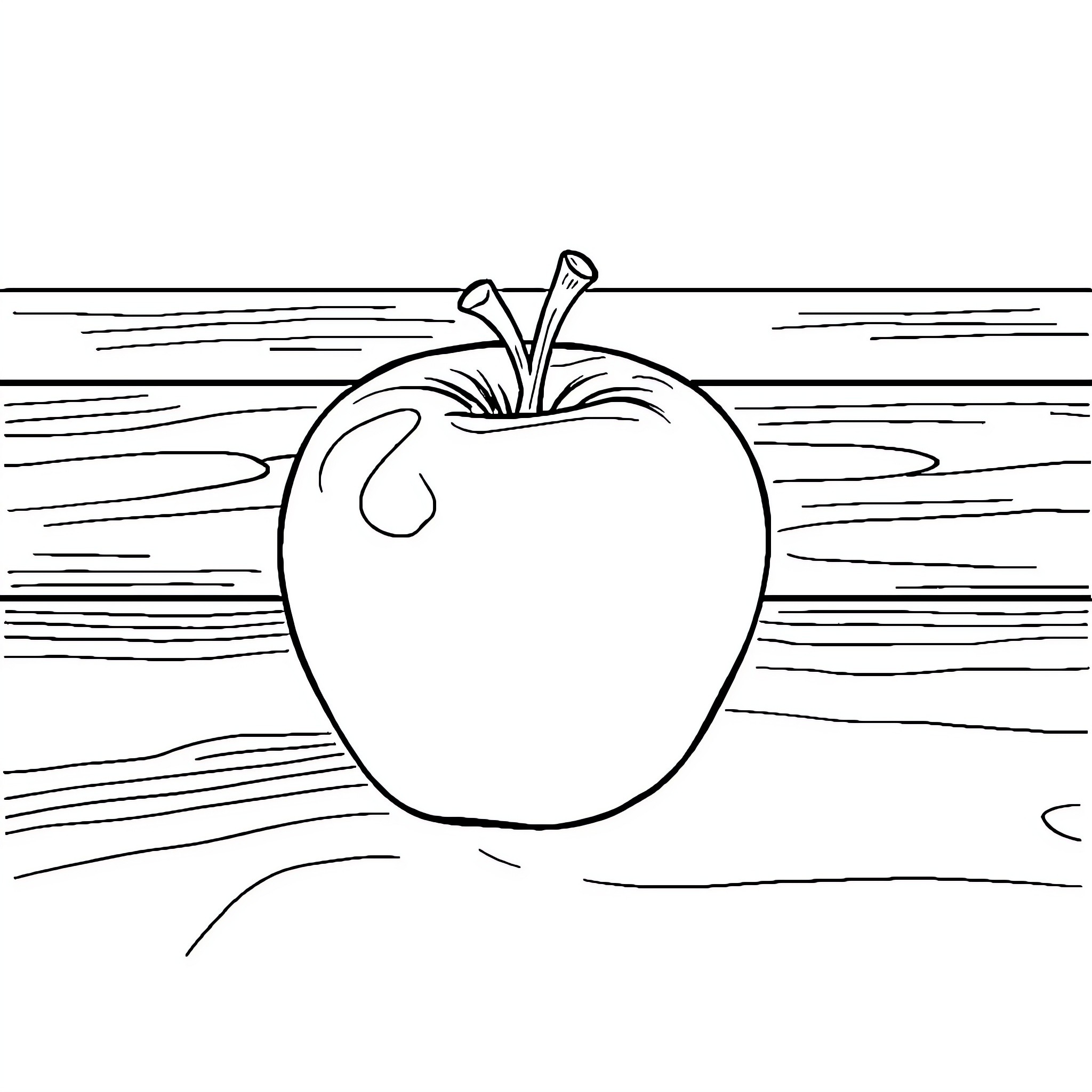 Apple on a Wooden Background Coloring Page (free black-and-white line drawing printable PDF for all, from beginners to advanced learners, including children, teens, adults, and seniors)