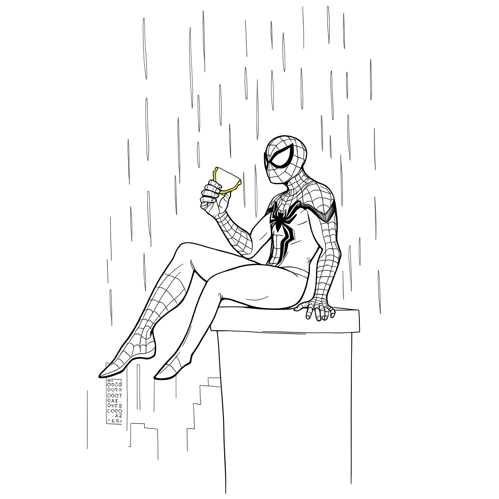 Spider-Man in action, reading a book on a rainy night Coloring Page (free black-and-white line drawing printable PDF for all, from beginners to advanced learners, including children, teens, adults, and seniors)