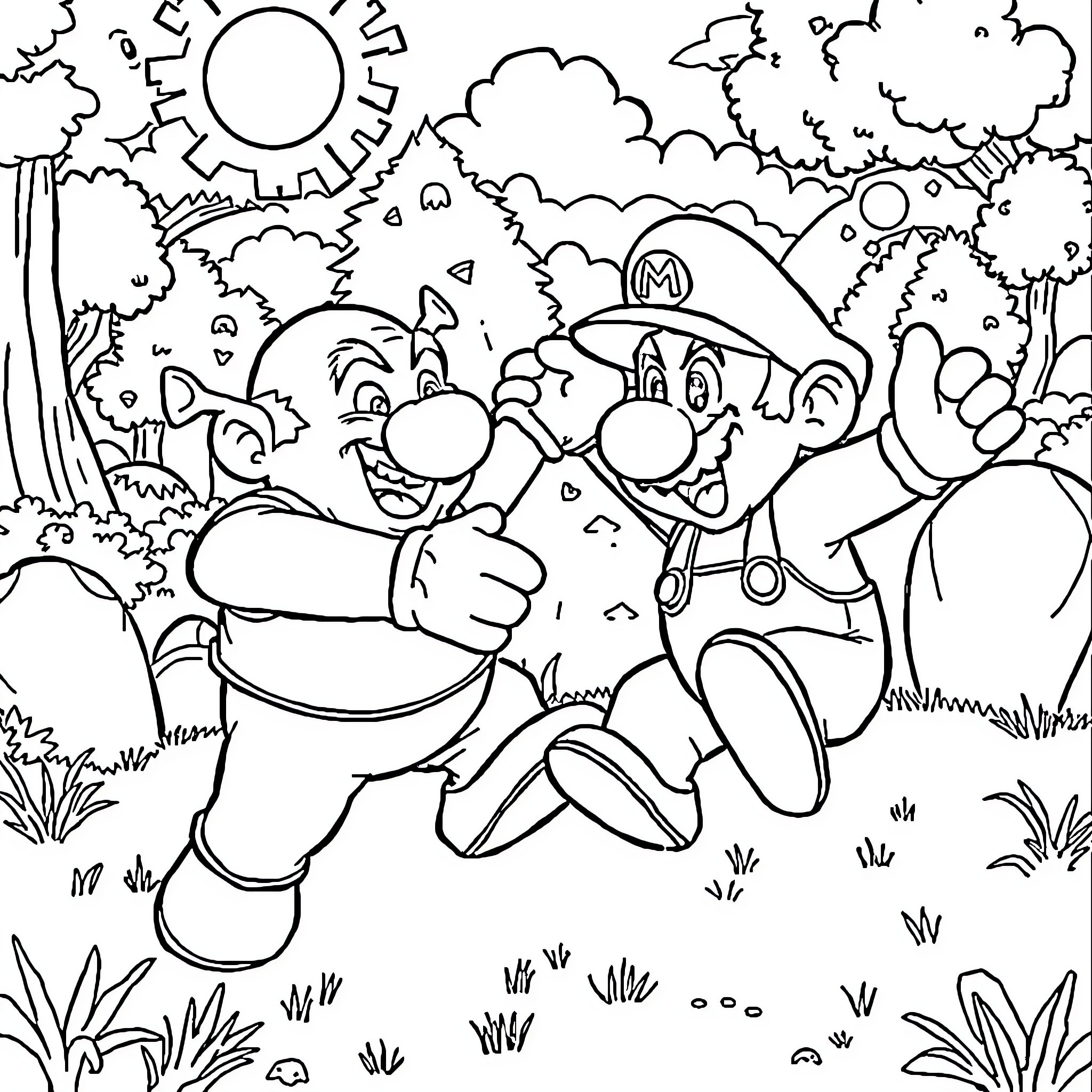 Super Mario Bros. Characters Enjoying Outdoor Adventure Coloring Page (free black-and-white line drawing printable PDF for all, from beginners to advanced learners, including children, teens, adults, and seniors)