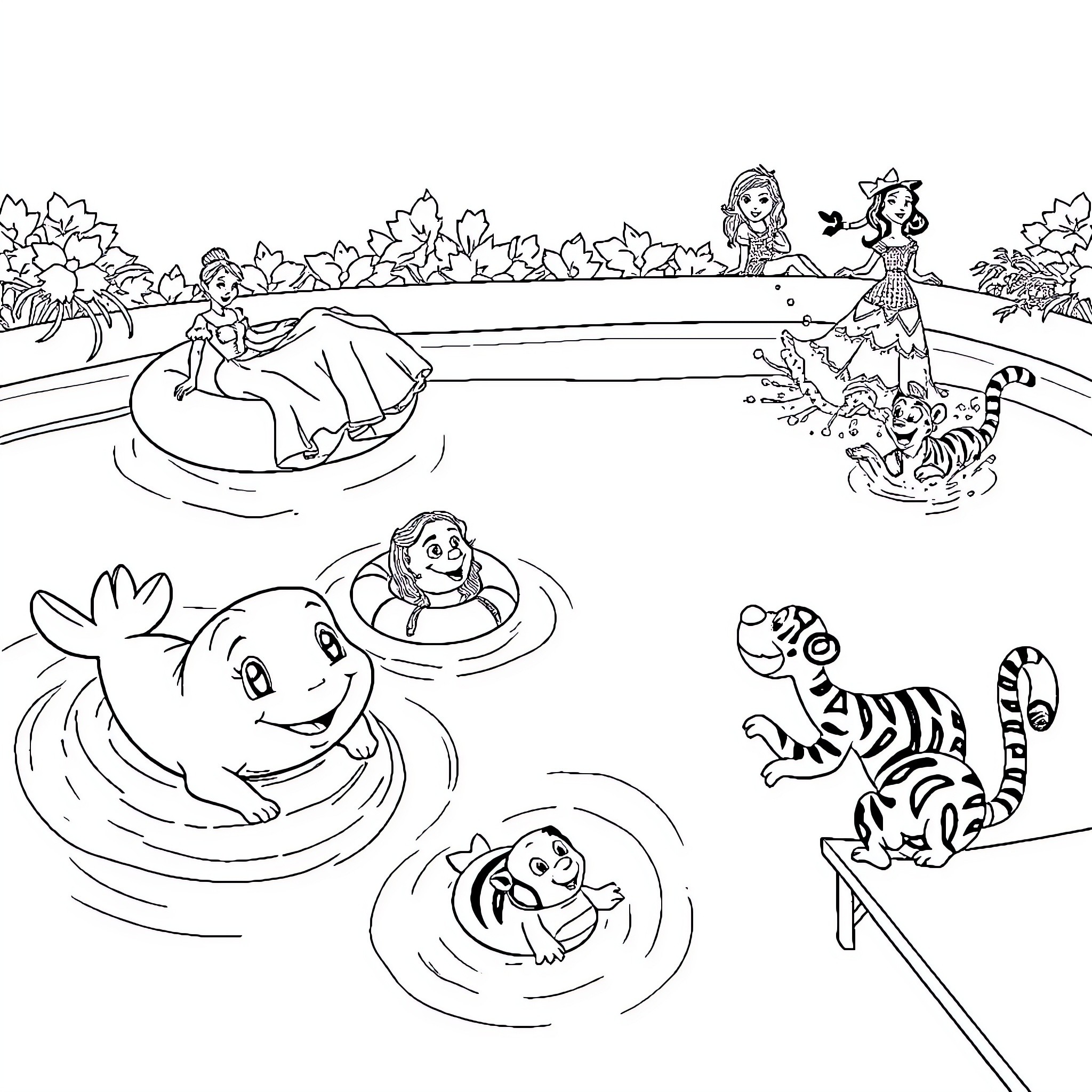 Grogu playing in the enchanted fantasy pool Coloring Page (free black-and-white line drawing printable PDF for all, from beginners to advanced learners, including children, teens, adults, and seniors)