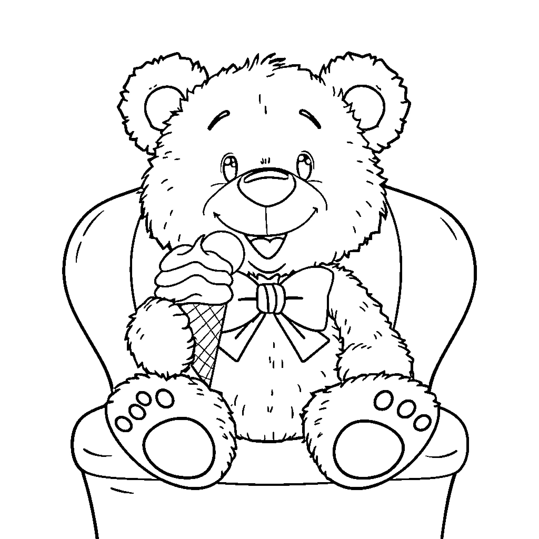 Teddy Bear enjoying an ice cream cone Coloring Page (free black-and-white line drawing printable PDF for all, from beginners to advanced learners, including children, teens, adults, and seniors)
