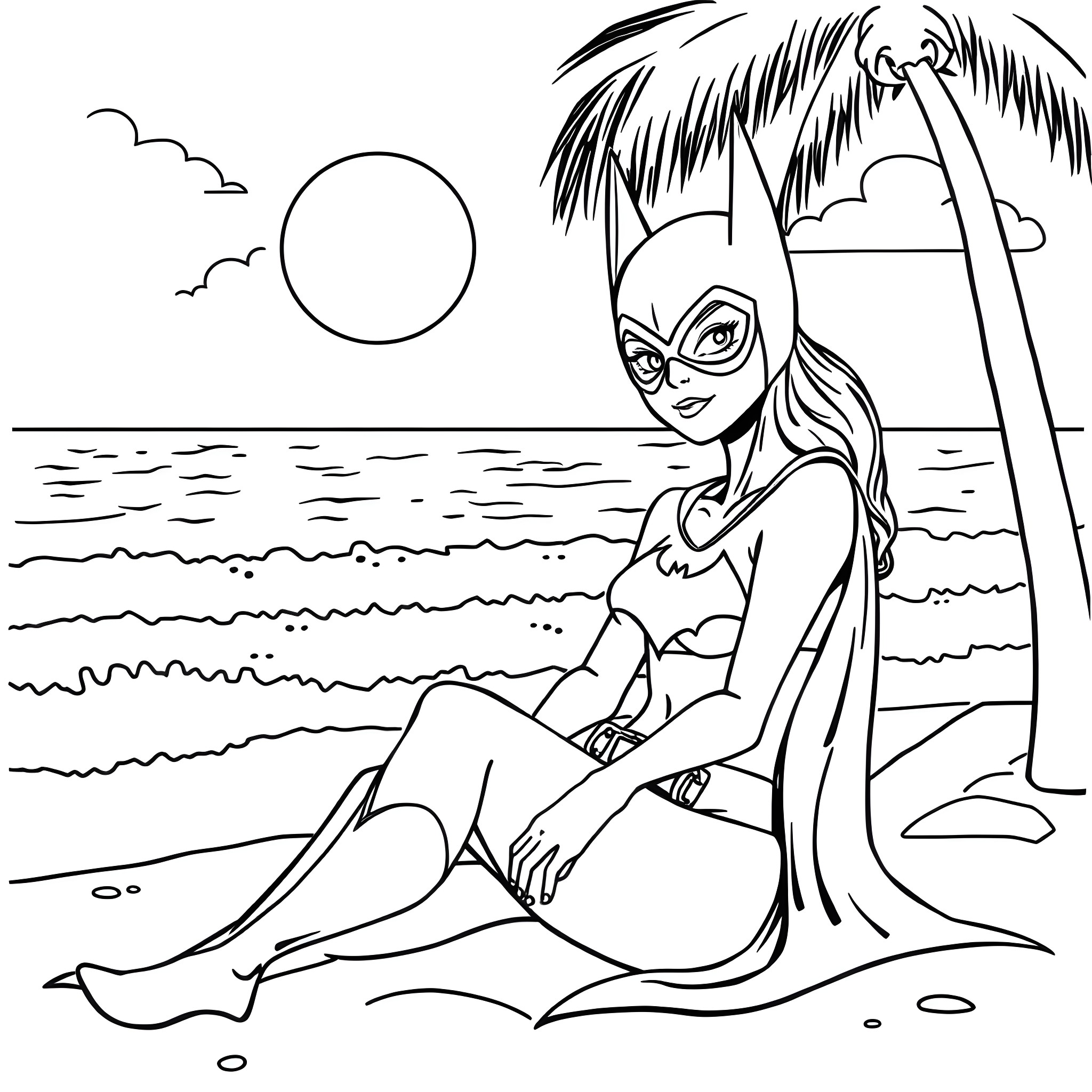Batgirl relaxing on the beach Coloring Page (free black-and-white line drawing printable PDF for all, from beginners to advanced learners, including children, teens, adults, and seniors)