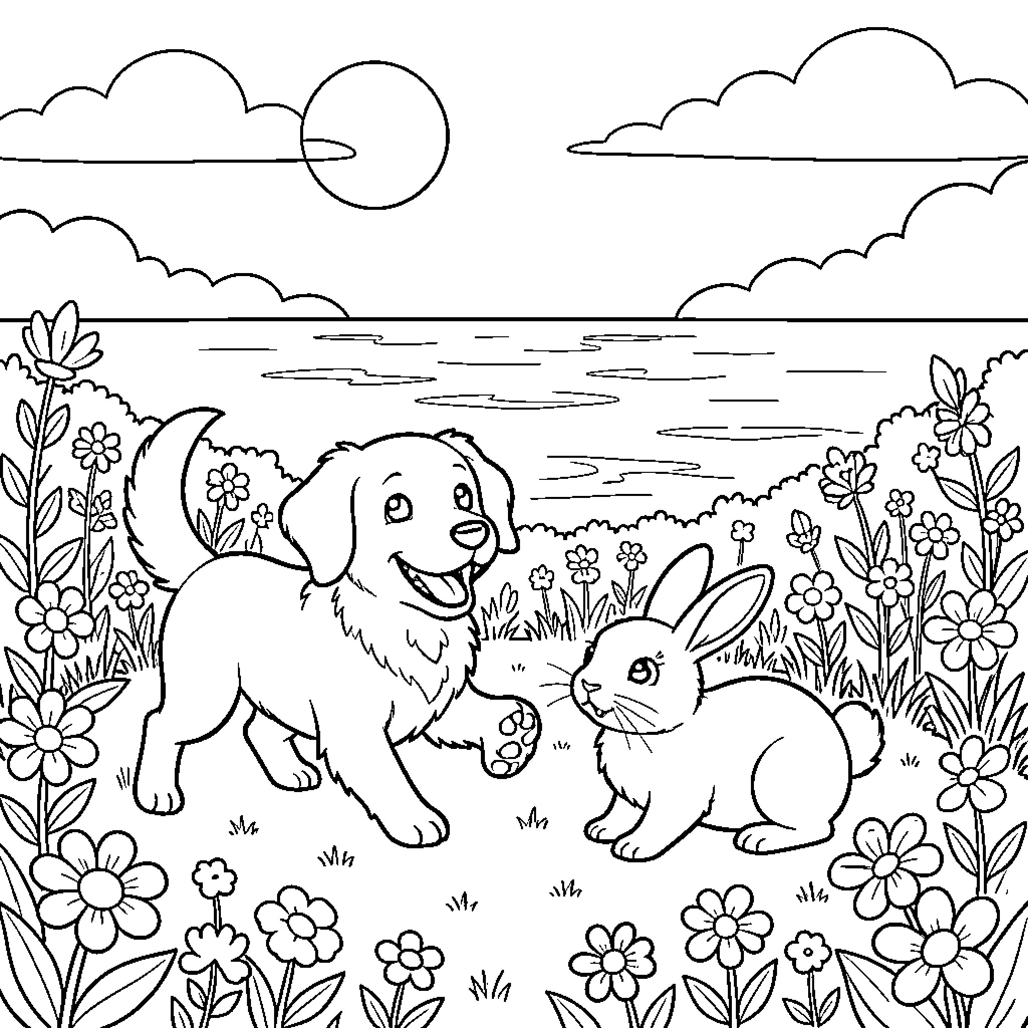 Dog playing joyfully with a rabbit in a meadow Coloring Page (free black-and-white line drawing printable PDF for all, from beginners to advanced learners, including children, teens, adults, and seniors)