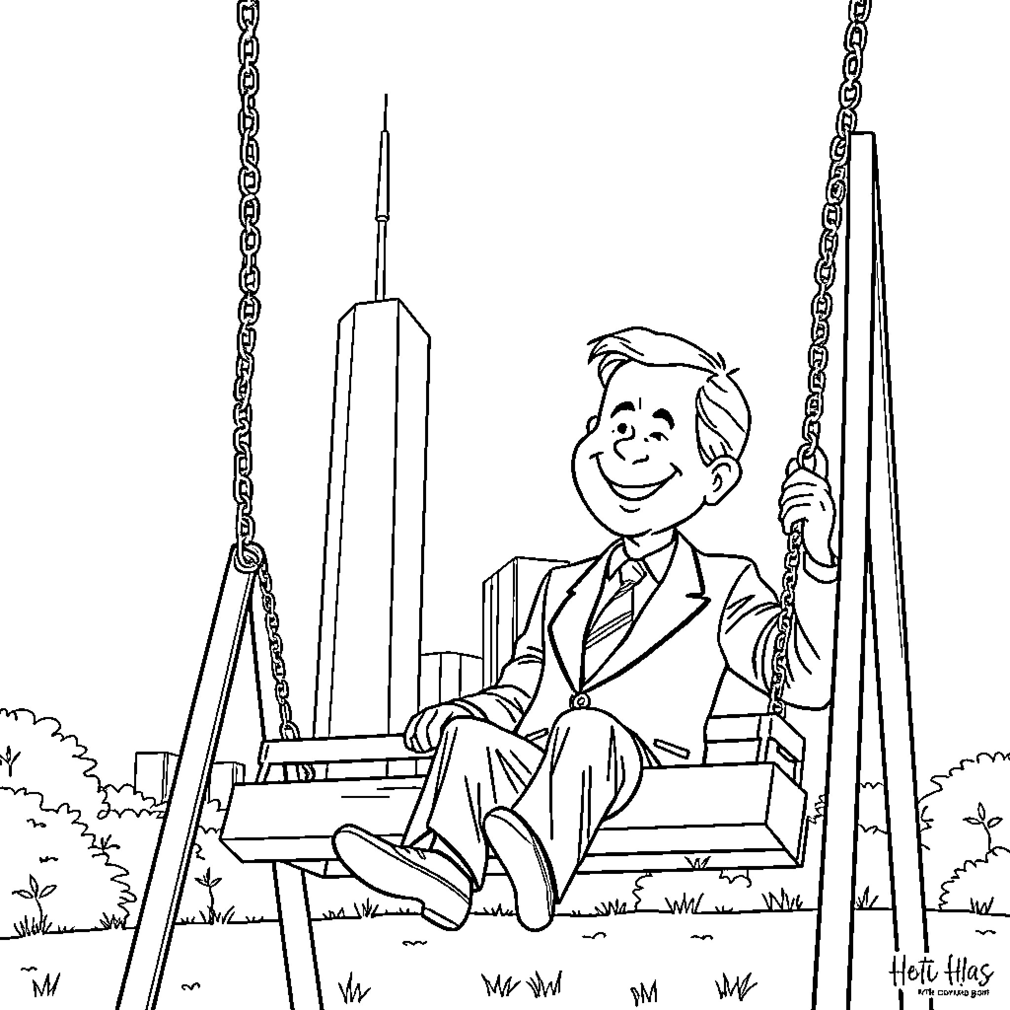 George Bush relaxing on a swing outdoors Coloring Page (free black-and-white line drawing printable PDF for all, from beginners to advanced learners, including children, teens, adults, and seniors)